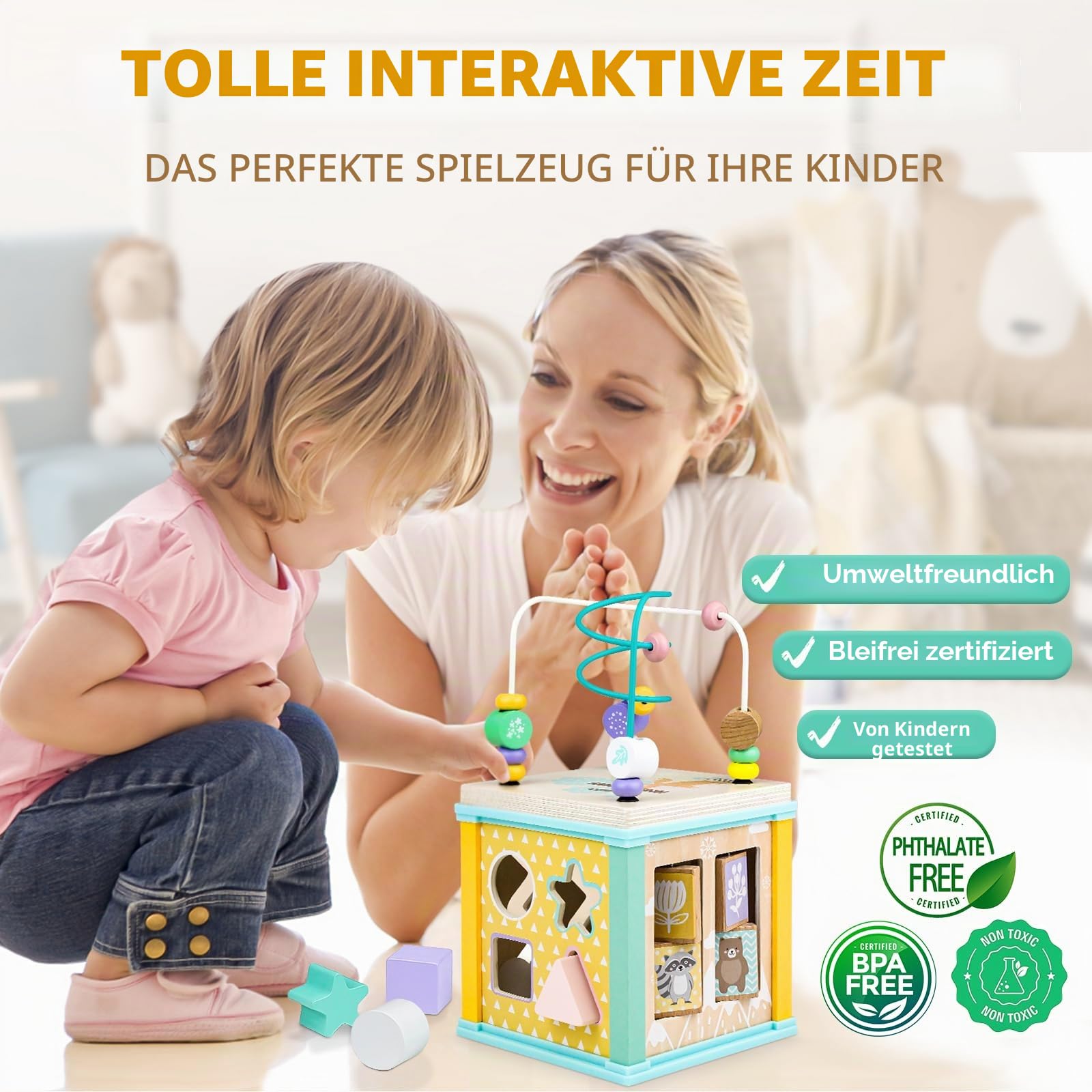 Airlab Motorikwürfel ab 18 Monaten, Aktivitätswürfel Baby, Motorikspielzeug Motorikwürfel aus Holz, Montessori Spielzeug ab 18 Monaten, Holzspielzeug Baby Activity Würfel Geschenk für Kinder