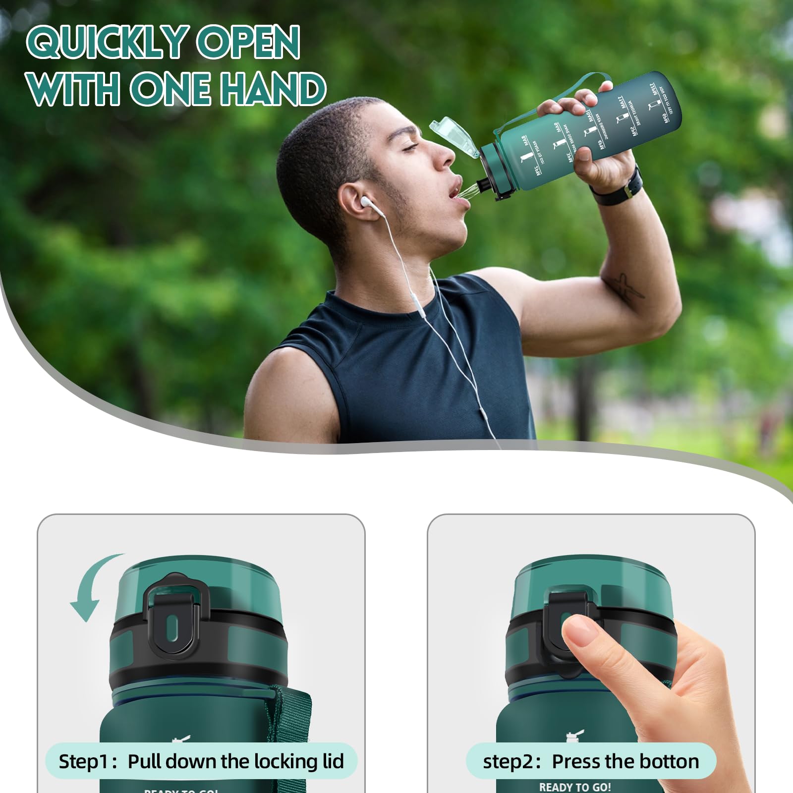 Motswedi Borraccia 1,5 litri, con Filtro, Borraccia Motivazionale, Prova di Perdite, Senza BPA, Bottiglia Acqua, con Marcatori di Tempo, per Palestra, Ufficio, Yoga, Ciclismo, Verde Scuro & Grigio