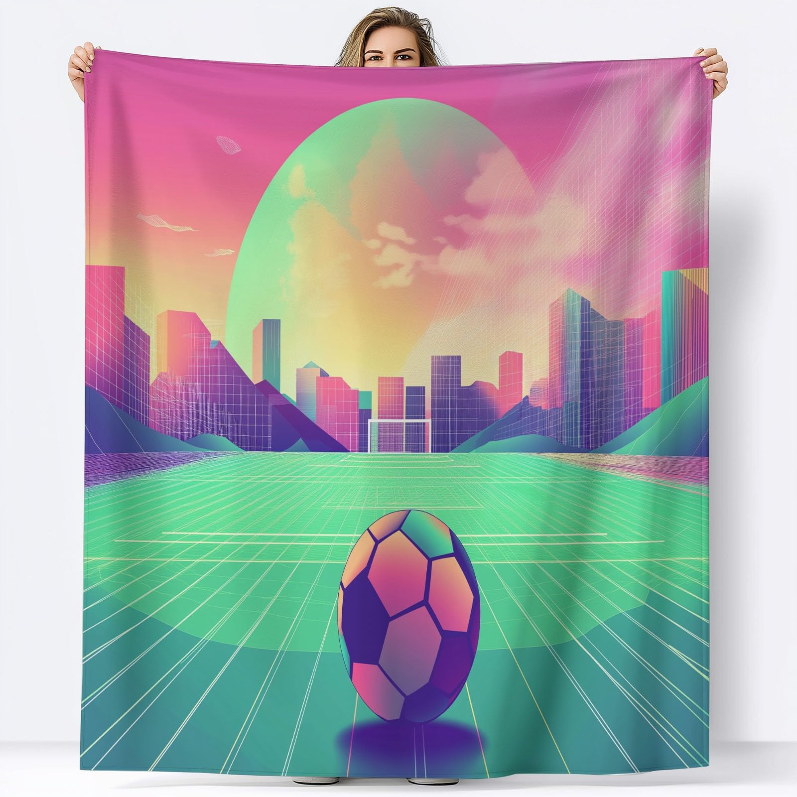 Colori Al Neon Coperta Plaid in Pile di Flanella Calcio Futuristico, Microfibra Morbido Durevole e Caldo Peluche, Singolo Matrimoniale Coperte Copriletti 180x220 cm per Letto Divano Soggiorno