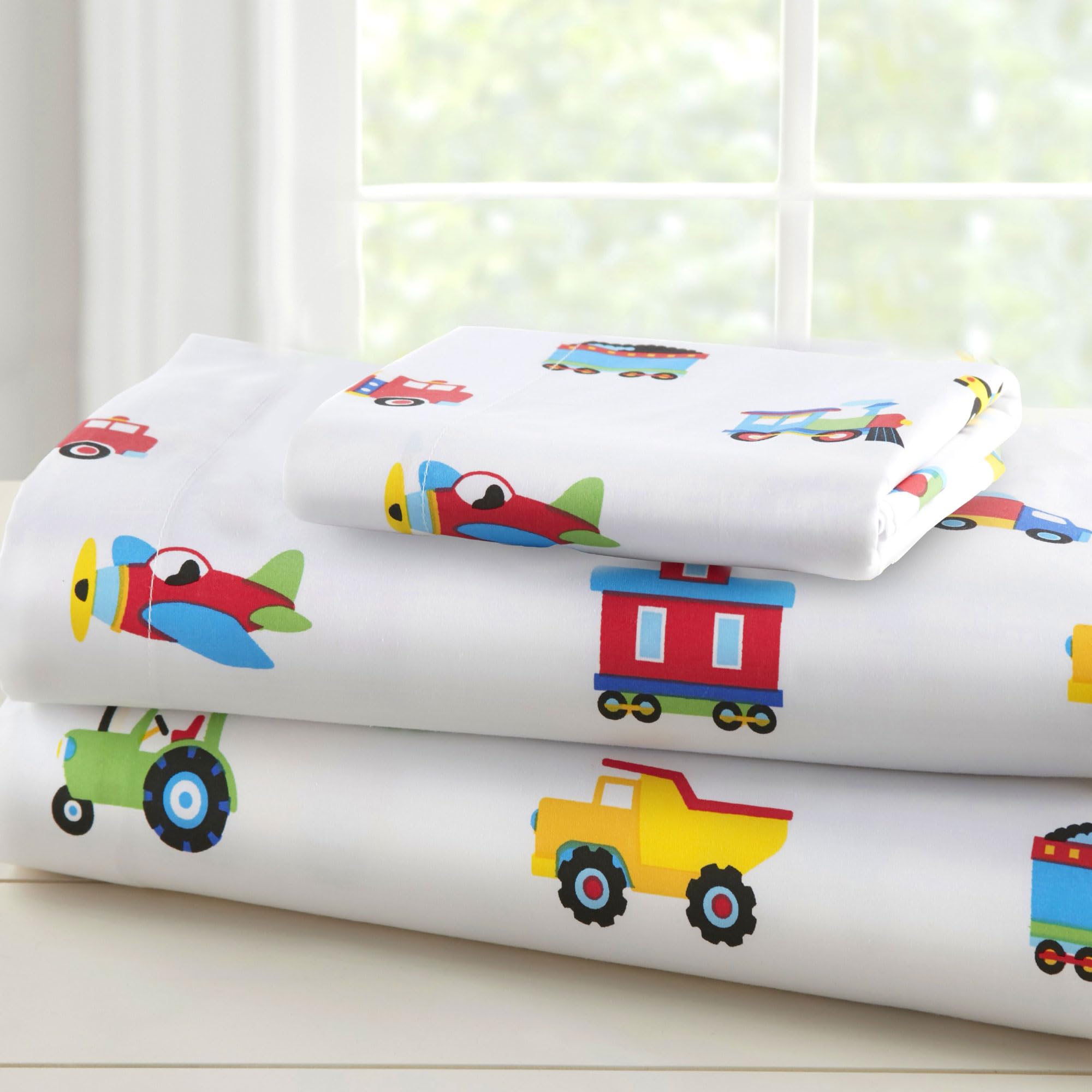 wildkin 100% cotton toddler sheet set – soft & cozy bed sheets - trains, planes, and trucks