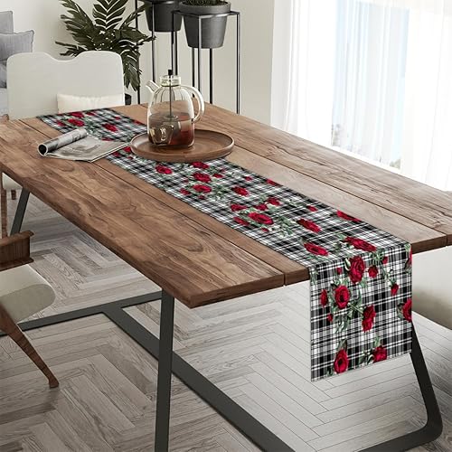 Miniatura 3 de Table Runner Rose Black Plaid Background, Autumn Rustic Linen Table Cloth Kitchen Dining Table Decor for Home Party 13 x 72 Inches