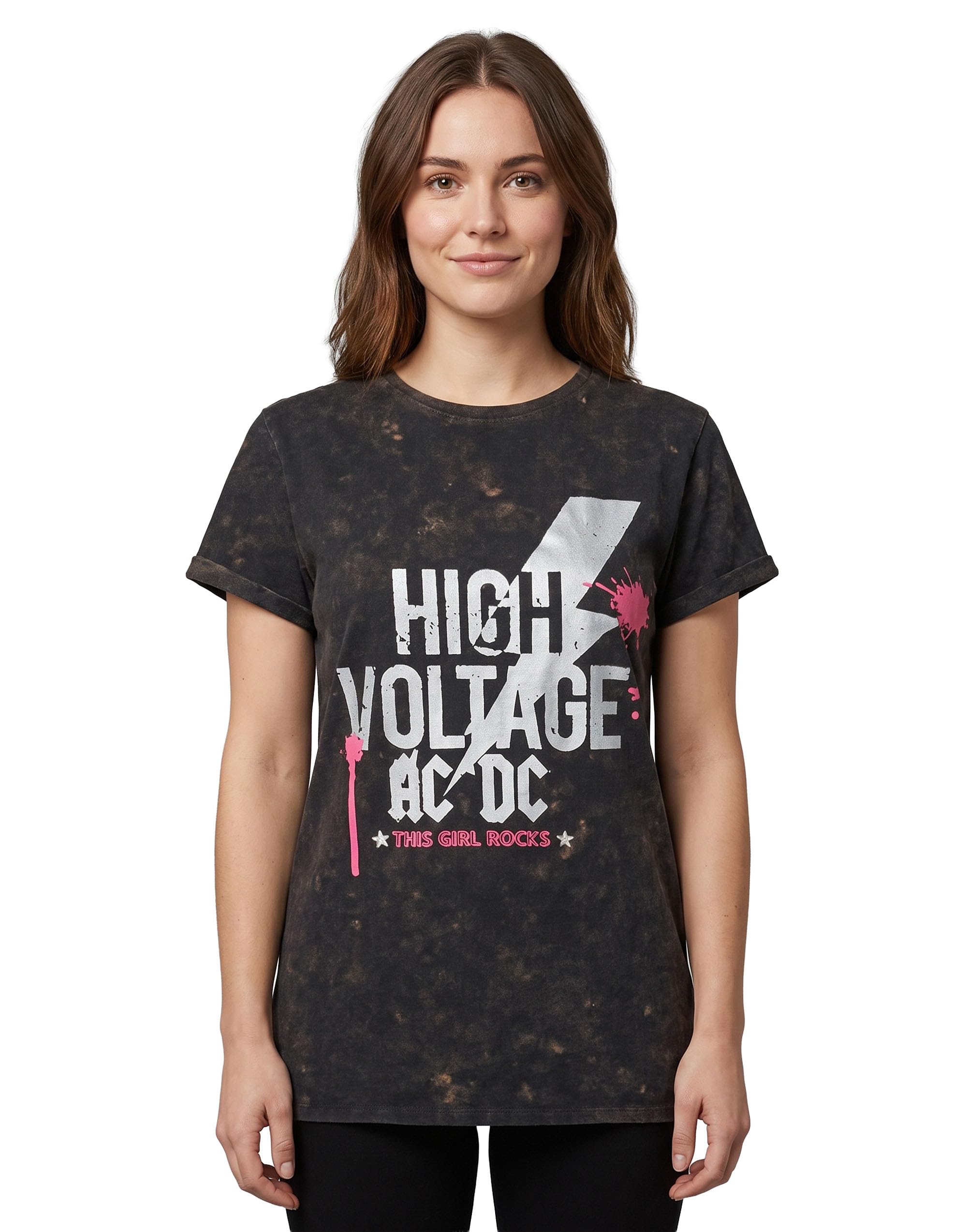Ac/Dc Women's Black Comics High Voltage Acid Wash T-Shirt