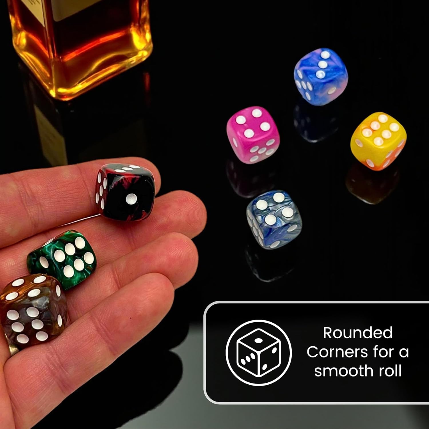 Luck Lab 48 Pack of 16mm Marble Swirl D6 Dice 6 Sided Dice Set Round Corner Board Game Dice for MTG DND Tenzi Farkle Yahtzee Bunco or Learning Math (White Pip Multicolor Swirl)
