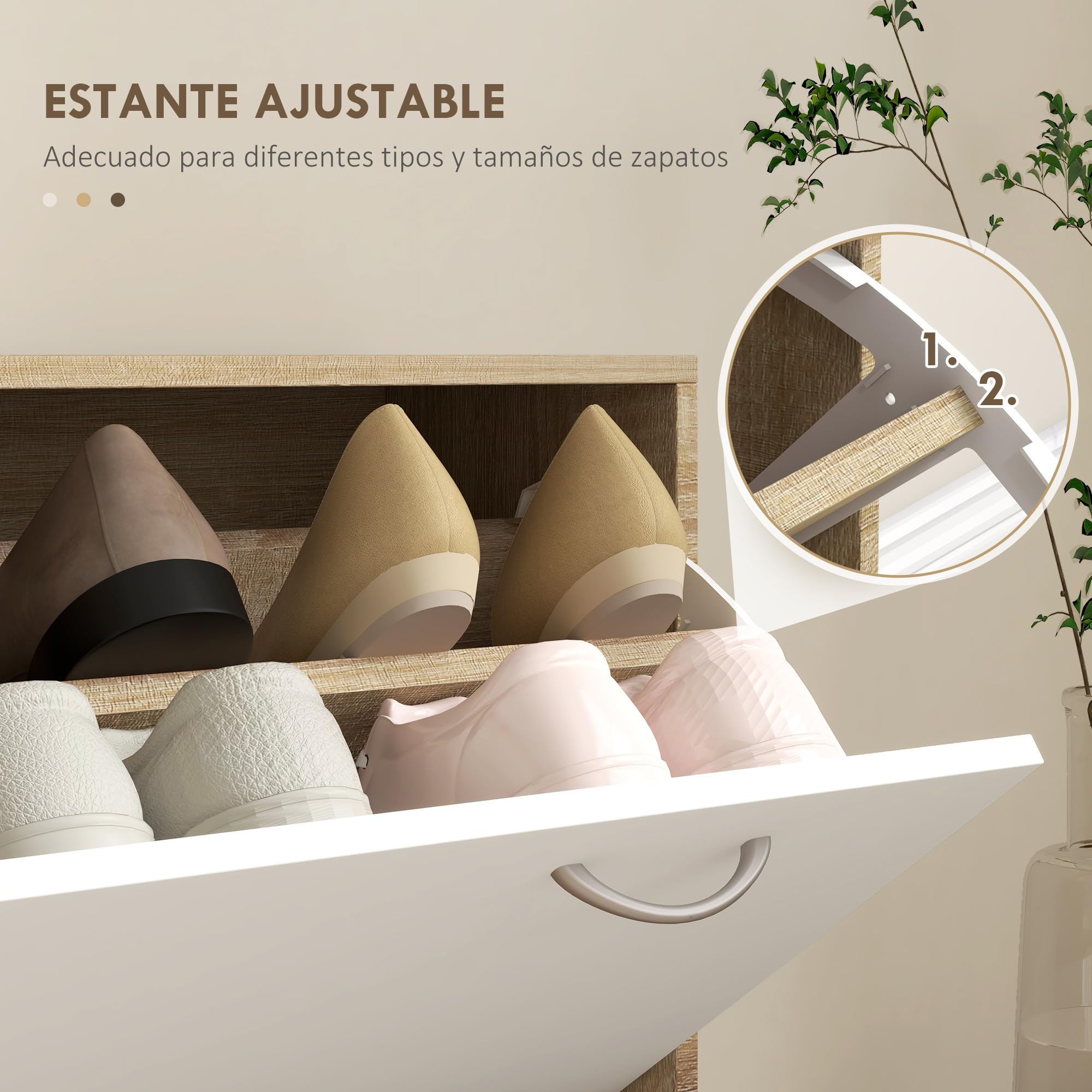 HOMCOM Recibidor de Entrada con Espejo Perchero y Zapatero Mueble de Recibidor de 2 Piezas con 6 Ganchos Estantes y Cajón Abatible para Pasillo Natural