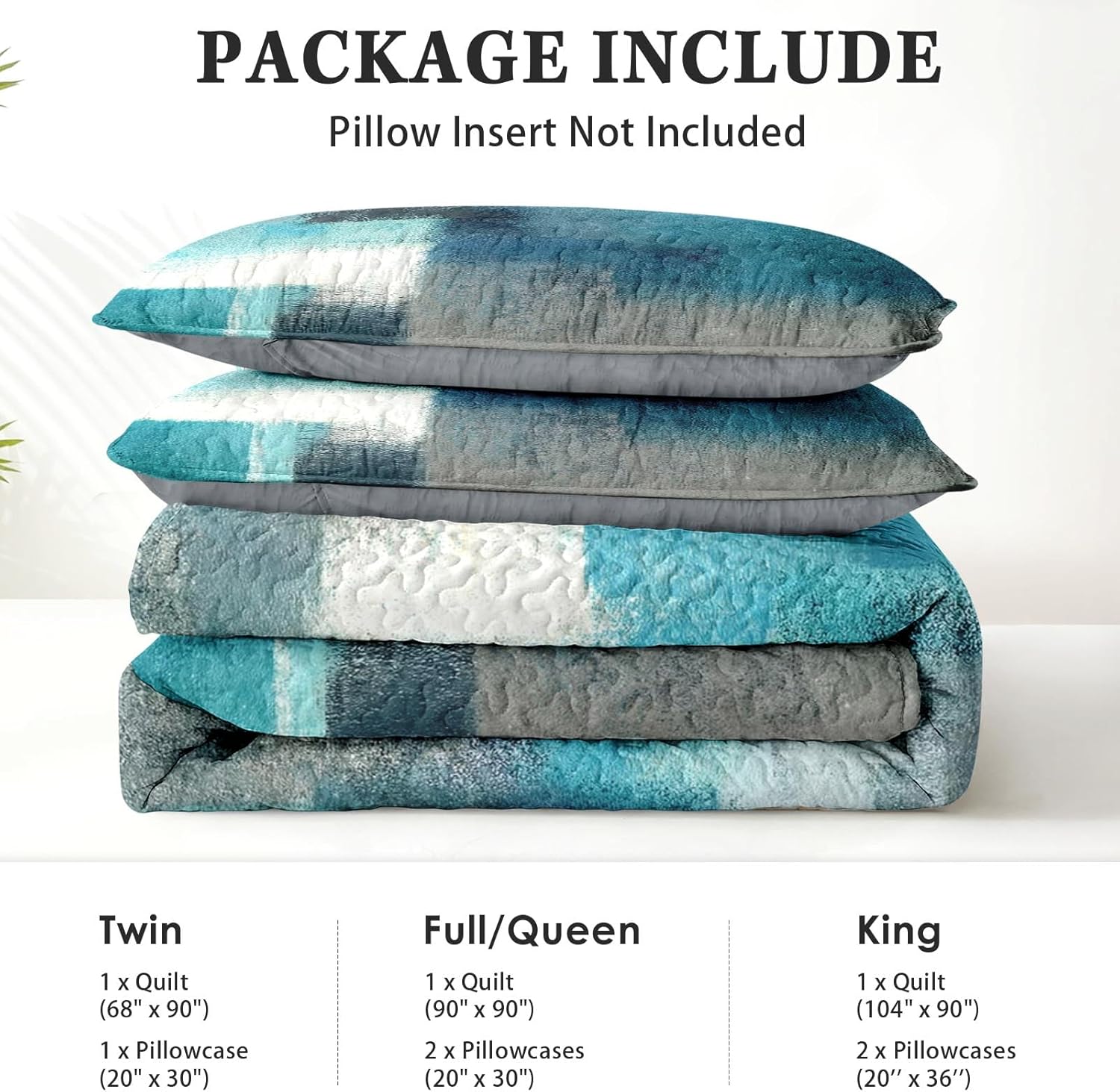 Pamnest Quilt Set Full/Queen Size, Turquoise Grey Painting 3 Pcs Soft Bed Cover Bedding Set for Kids and Adults, Teal Contemporary Gray Lightweight Bedspread Coverlet with Pillow Sham for All Season