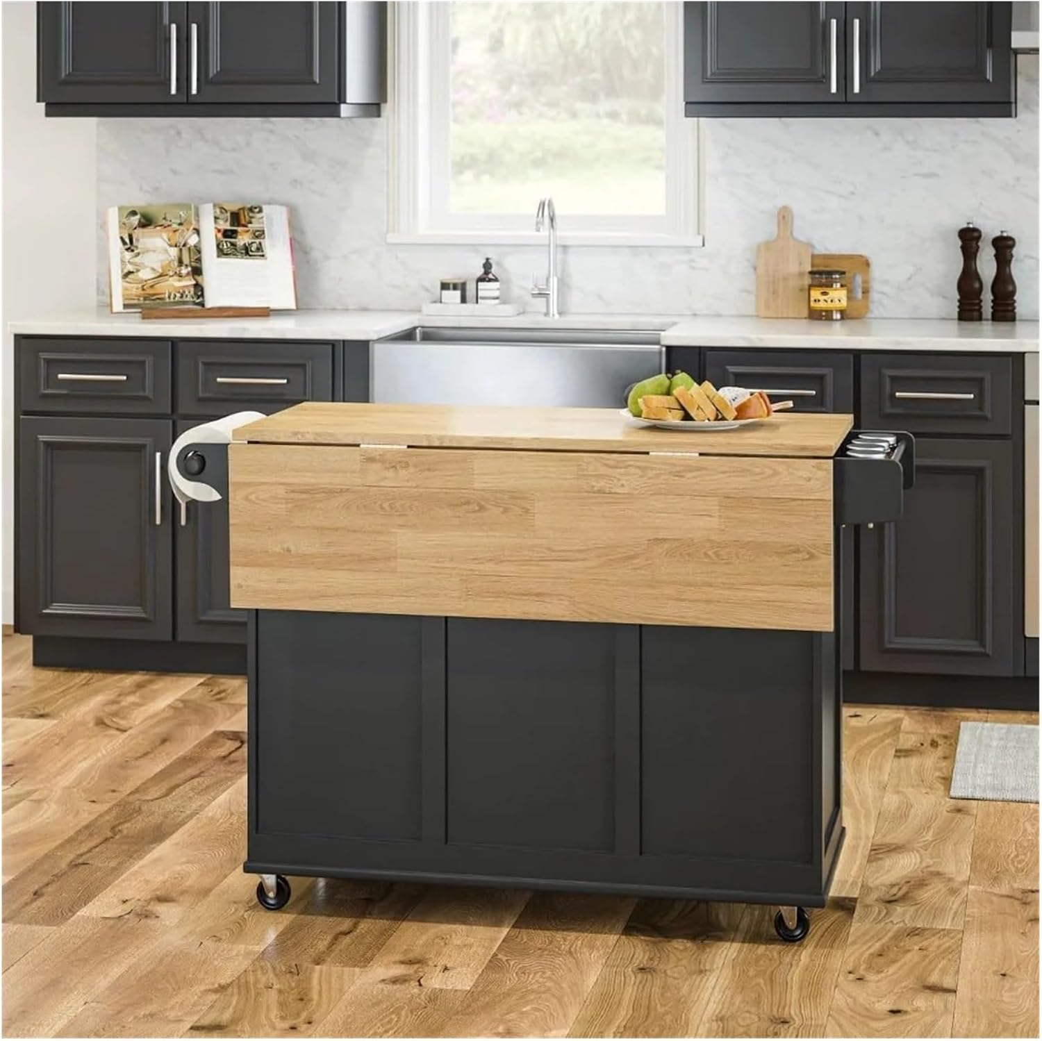 Storage Trolley Kitchen Cart with Wood Top and Drop Leaf Breakfast Bar Island Casual Home Shelving Organizer(Black)