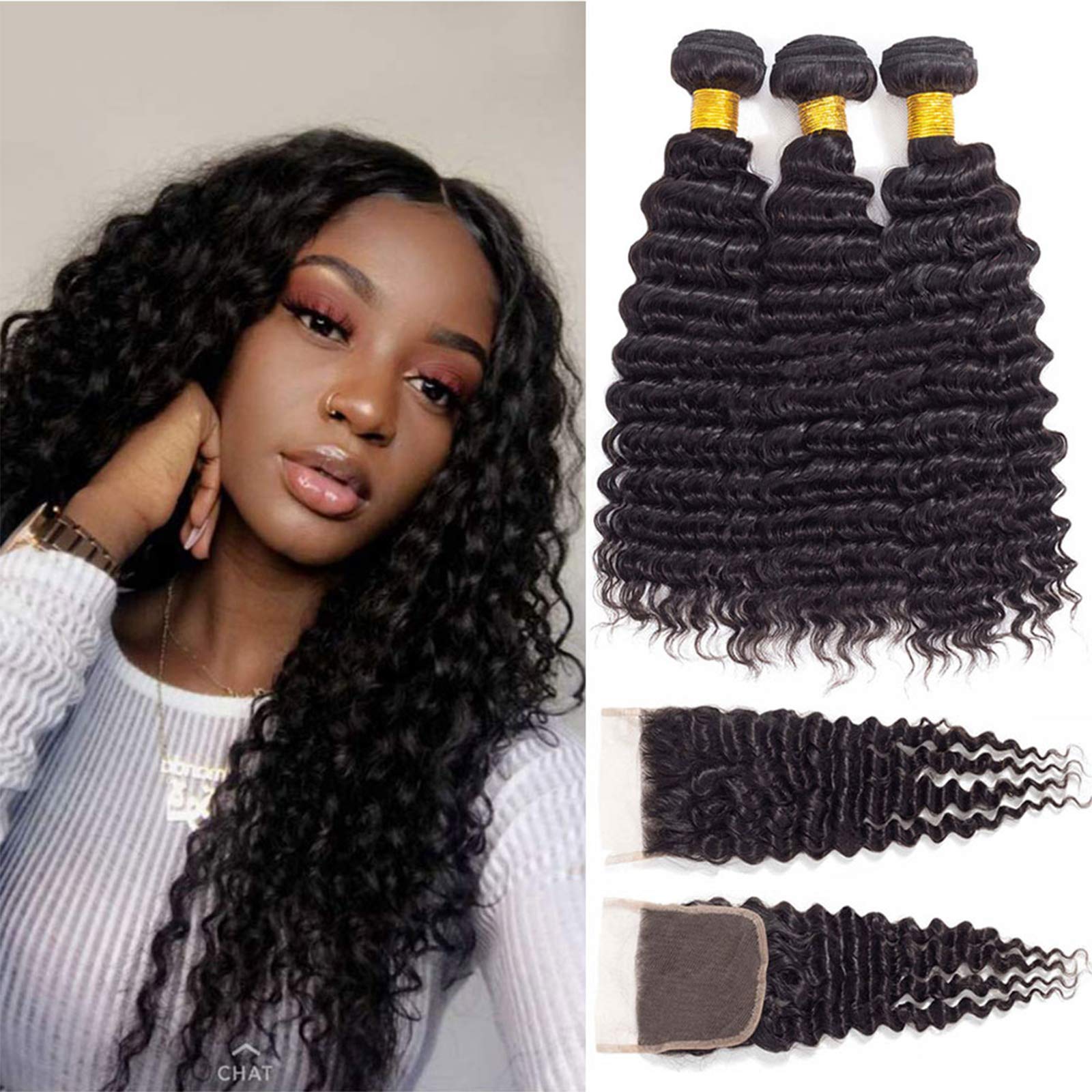 12A Brazilian Virgin Hair Pineapple Deep Wave 3 Bundles with Closure (18 20 22+16"Closure) Human Hair 3 Bundles with Closure 100% Unprocessed Virgin Remy Hair Bundles with Closure Natural Color