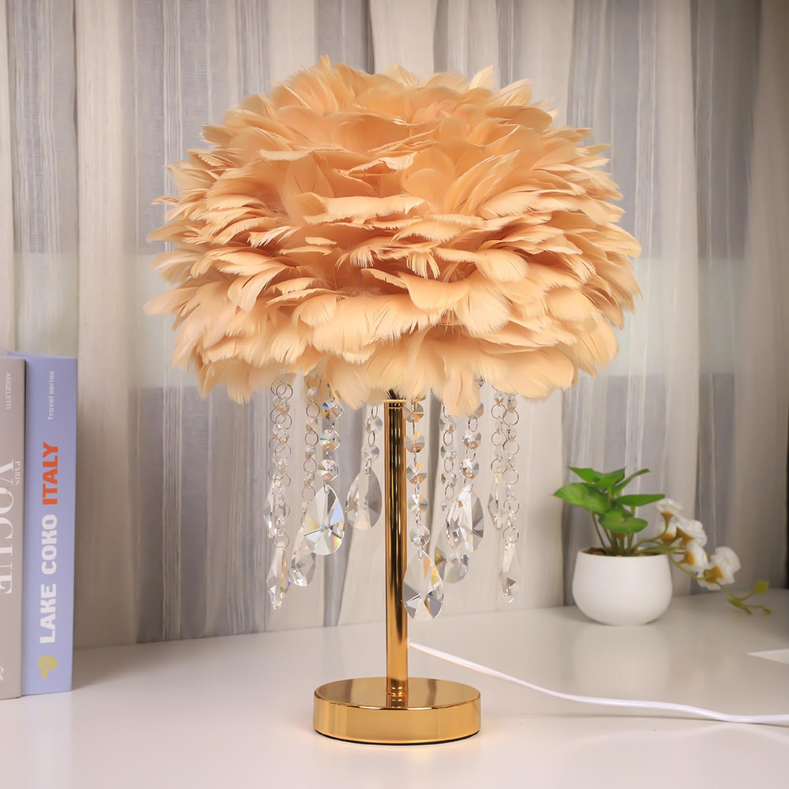 Lampada da tavolo a piuma con cristallo unico - luce a temperatura a 3 colori, luce notturna della scrivania con filo plug-in perfetto per regalo di nozze a fianco letto della camera(Champagne color)