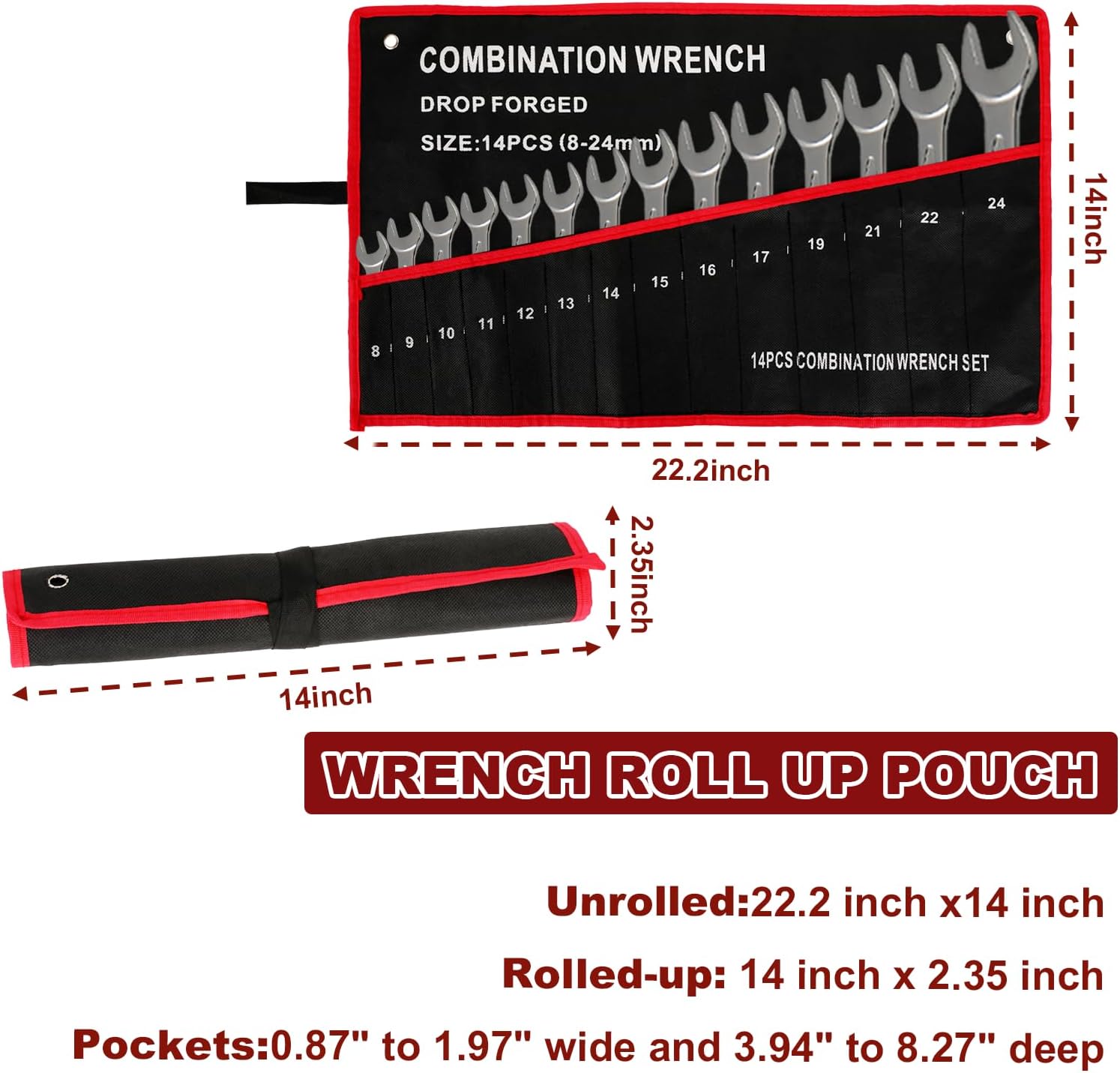 Diagram showing the unrolled dimensions (22.2 x 14 inches) and rolled dimensions (14 x 2.35 inches) of the wrench roll-up pouch.