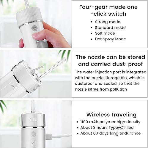 Miniatura 3 de Irrigador dental de agua eléctrico, irrigador dental inalámbrico con 4 modos y puntas de chorro reemplazables, limpiador de dientes portátil