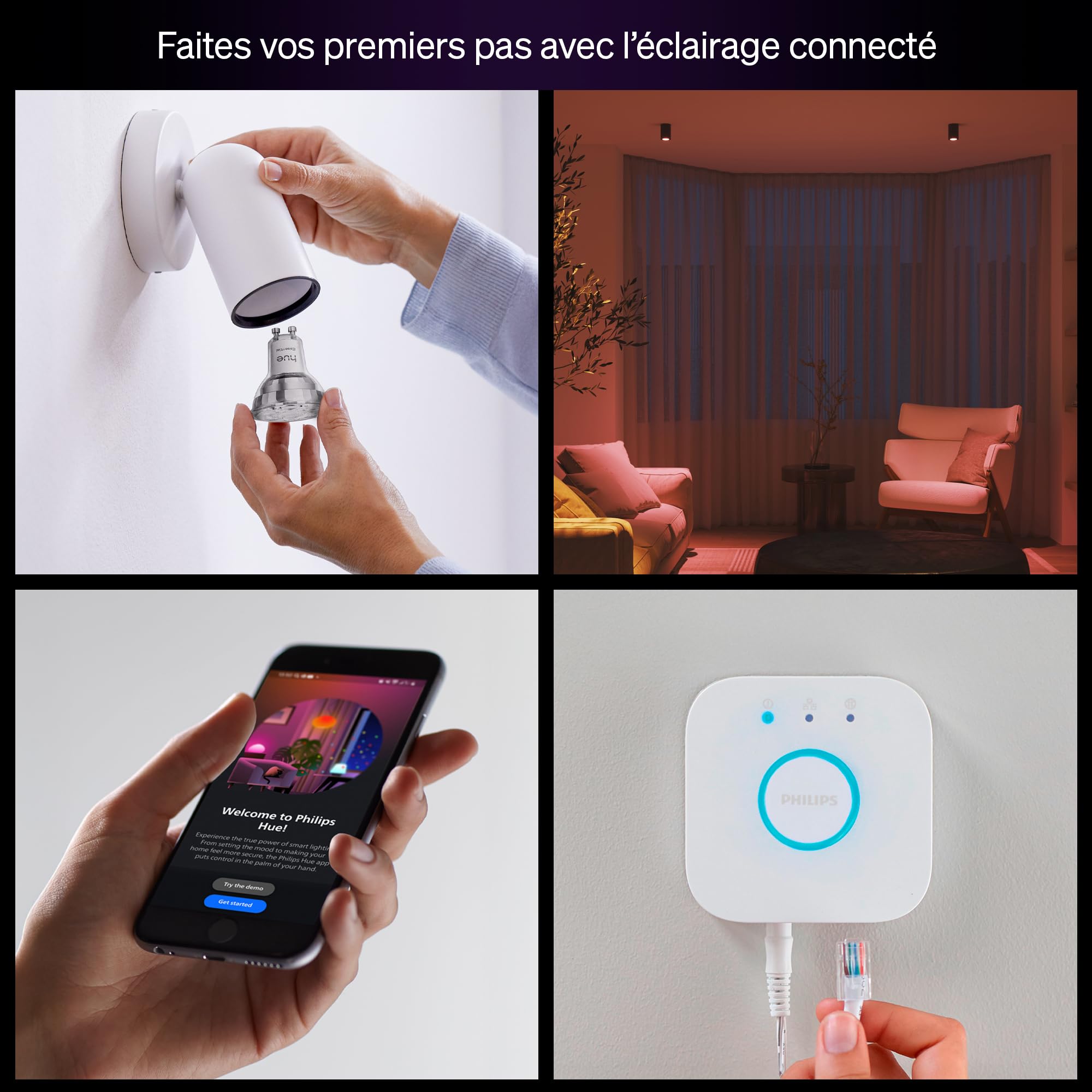 Philips Hue Essential Kit de démarrage avec Bridge+3 ampoules connectées GU10 Essential + Smart Button, WACA, 2200-6500 K, variable, Ampoule connectée compatible Alexa, Google Assistant, Apple Home