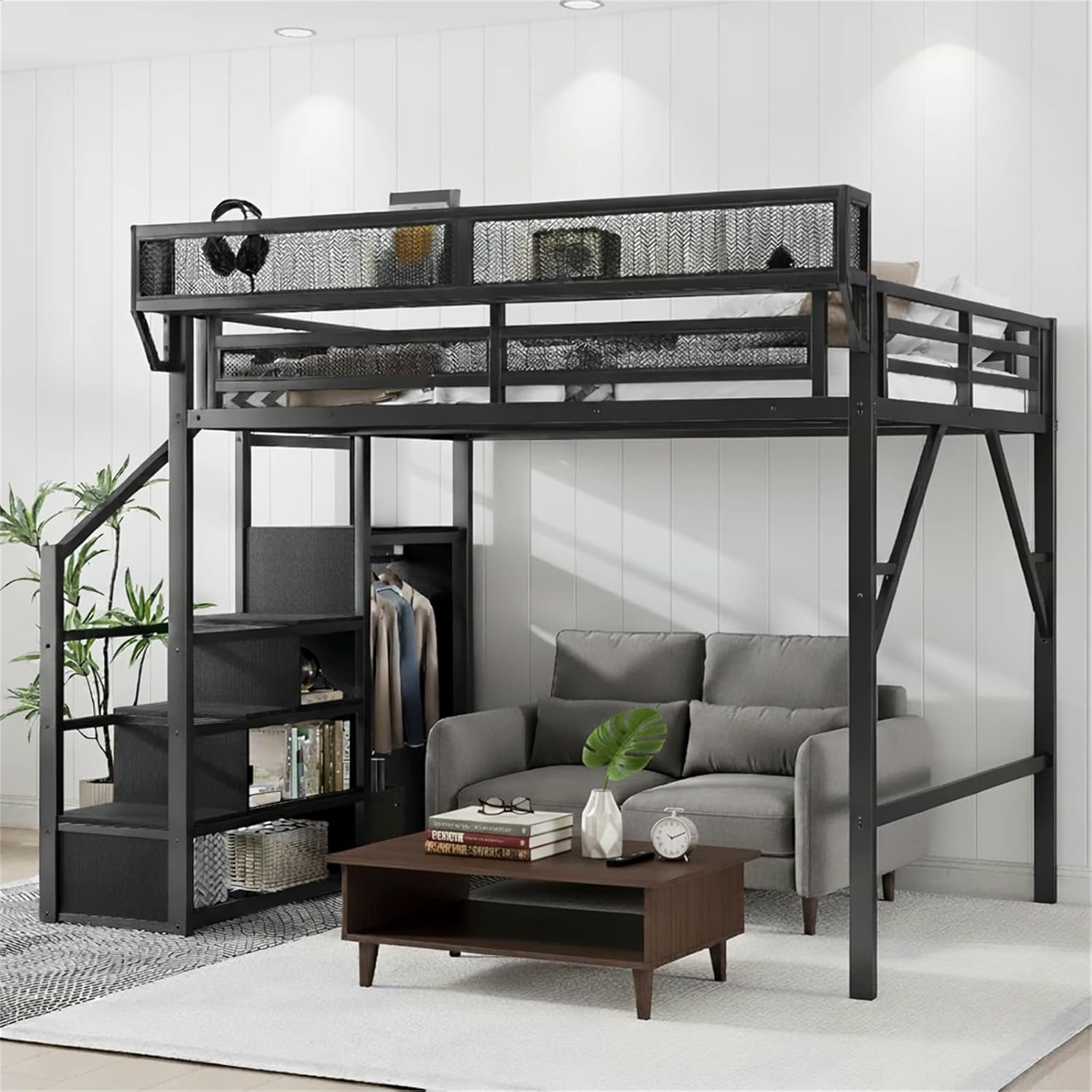 Queen Size Metal Loft Bed with Stairs and Storage Shelves, Heavy Duty Queen Loft Beds Frame for Adults & Teens with Built-in Wardrobe and Under-Bed Space/Queen+Black
