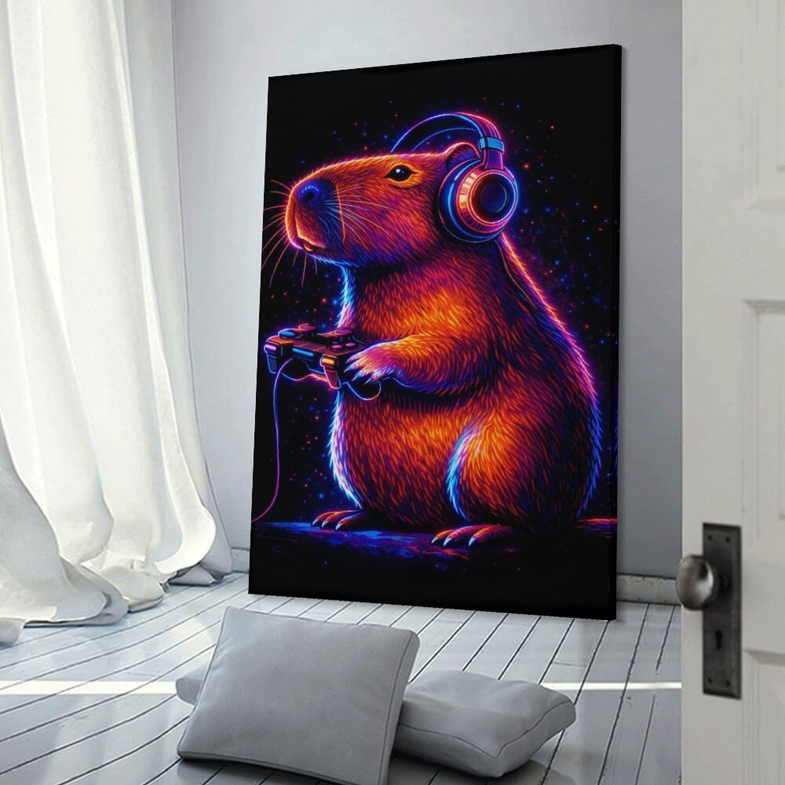 Junmoney Wall Picture Print Capybara Gamer with Neon Headphones, 24x36inch(60x90cm), for Living Room, Bedroom Or Home Office, Home Decor Gift with Stylish Appeal
