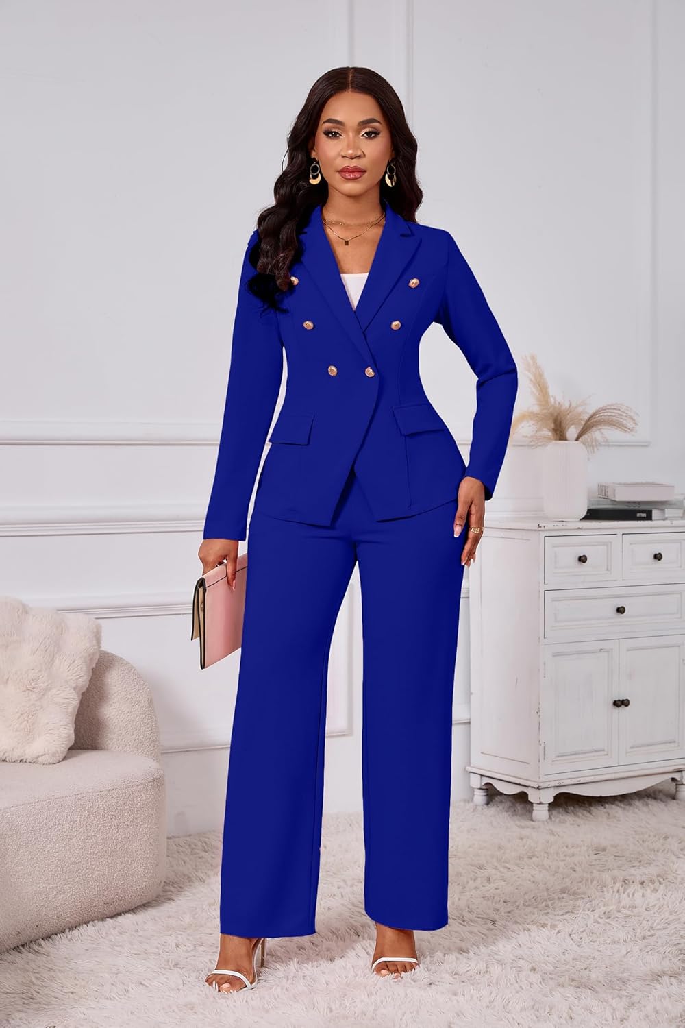 Two Piece Sets for Women Blazer Double Breasted Long Sleeve Jacket Wide Leg Pants Suits Set Business Casual Outfits - Image 5