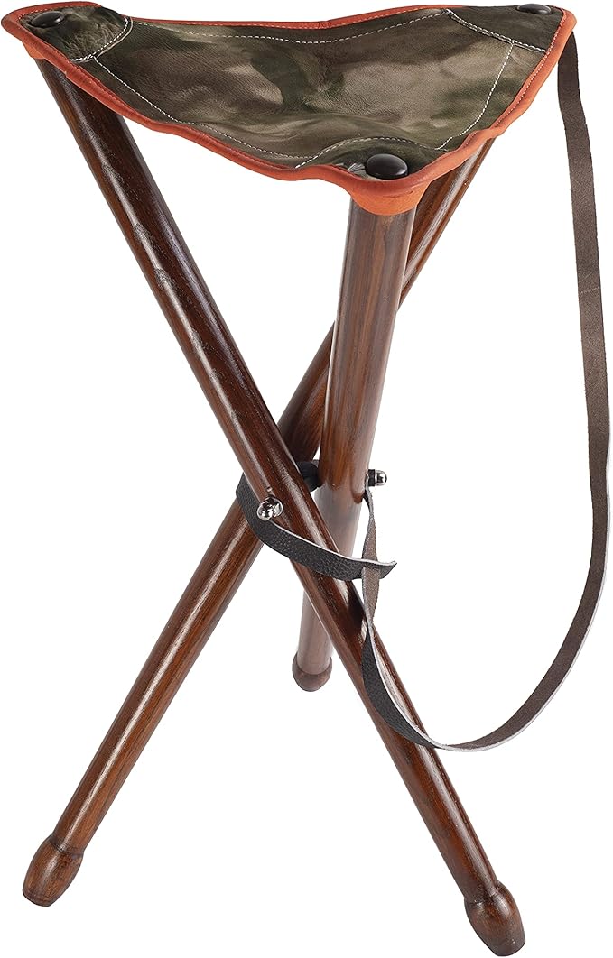 Trépied-siège Vintage Bois Et Cuir Pour Chasse Ou Pêche, Pliant