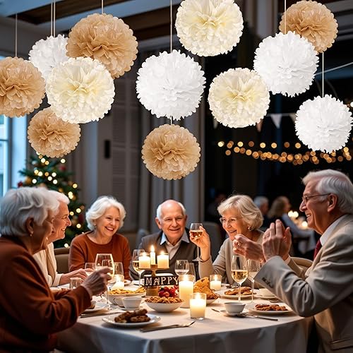 Miniatura 8 de SUNBEAUTY 15 PCS Champagne Tissue Paper Pom Poms, Neutral Party Decorations,Creamy White Paper Flowers for Engagement Receptions, Wedding ,Birthday,