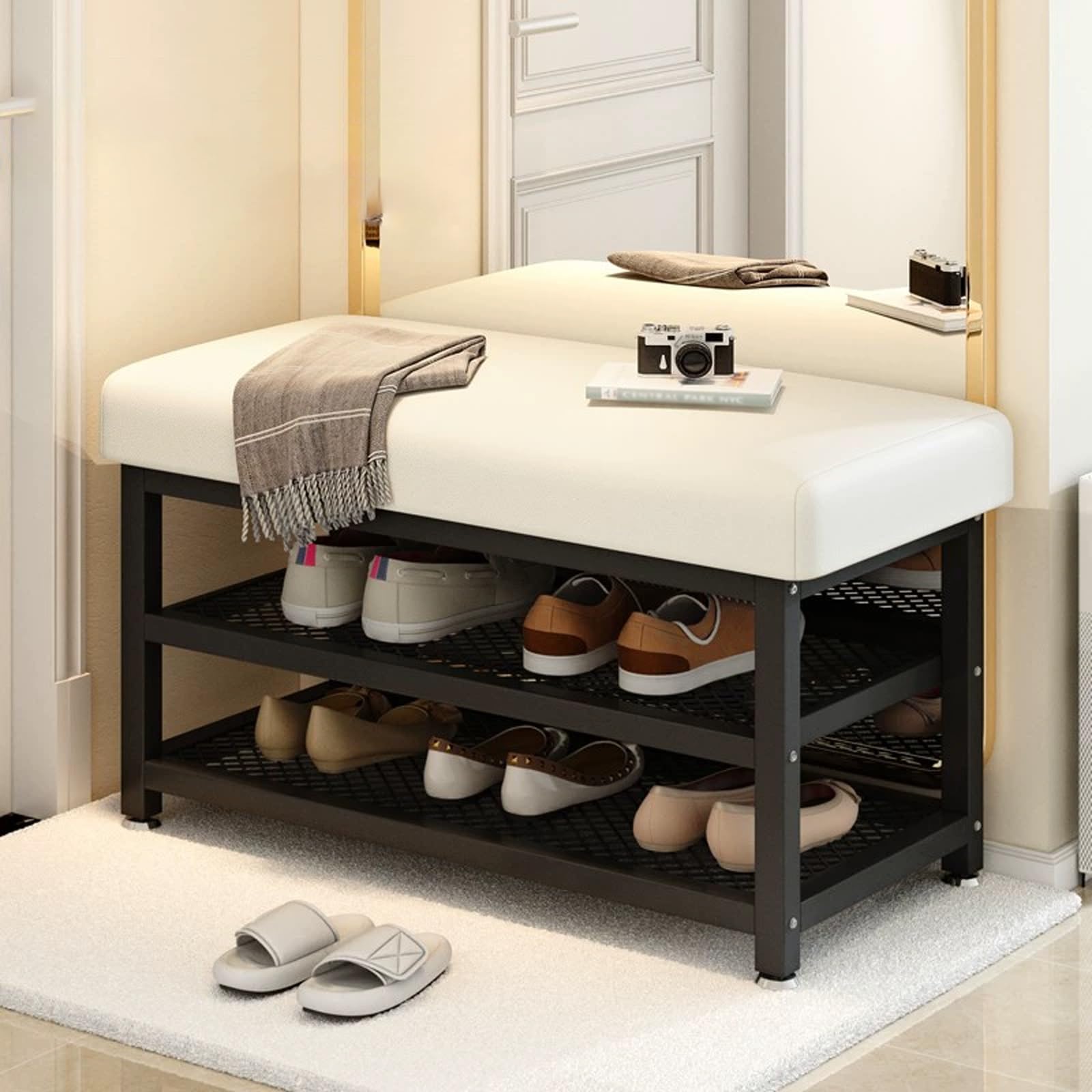 Banc-étagère à chaussures moderne avec coussin d'assise rembourré pour rangement d'entrée