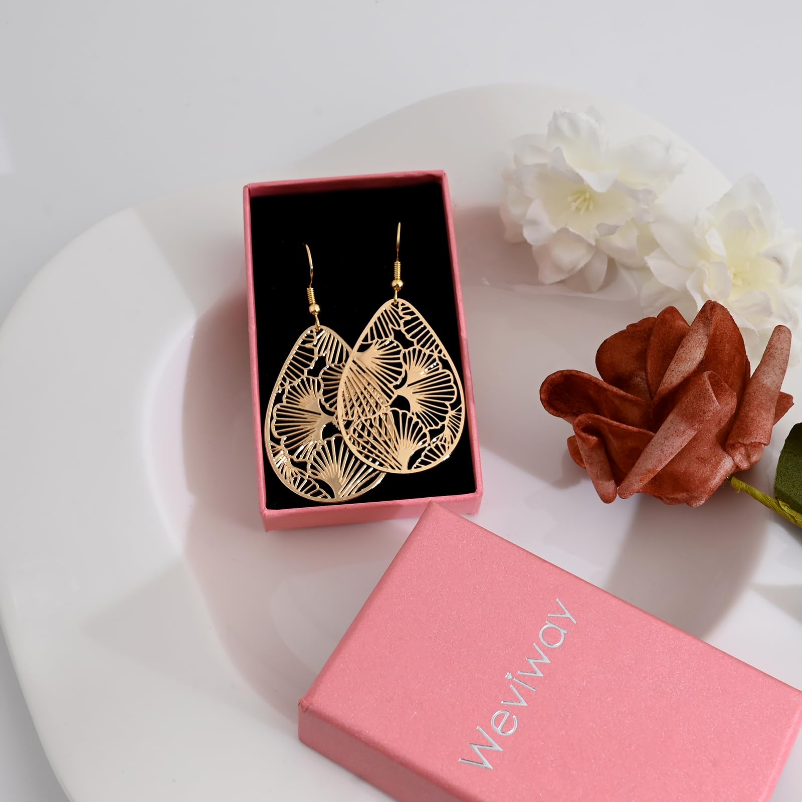 14K Gold vergoldet Blattgold Ohrringe für Frauen, Silber Ohrringe Hängend Damen mit Anhänger Tropfenform, Wassertropfen Schmuck für Geschenk