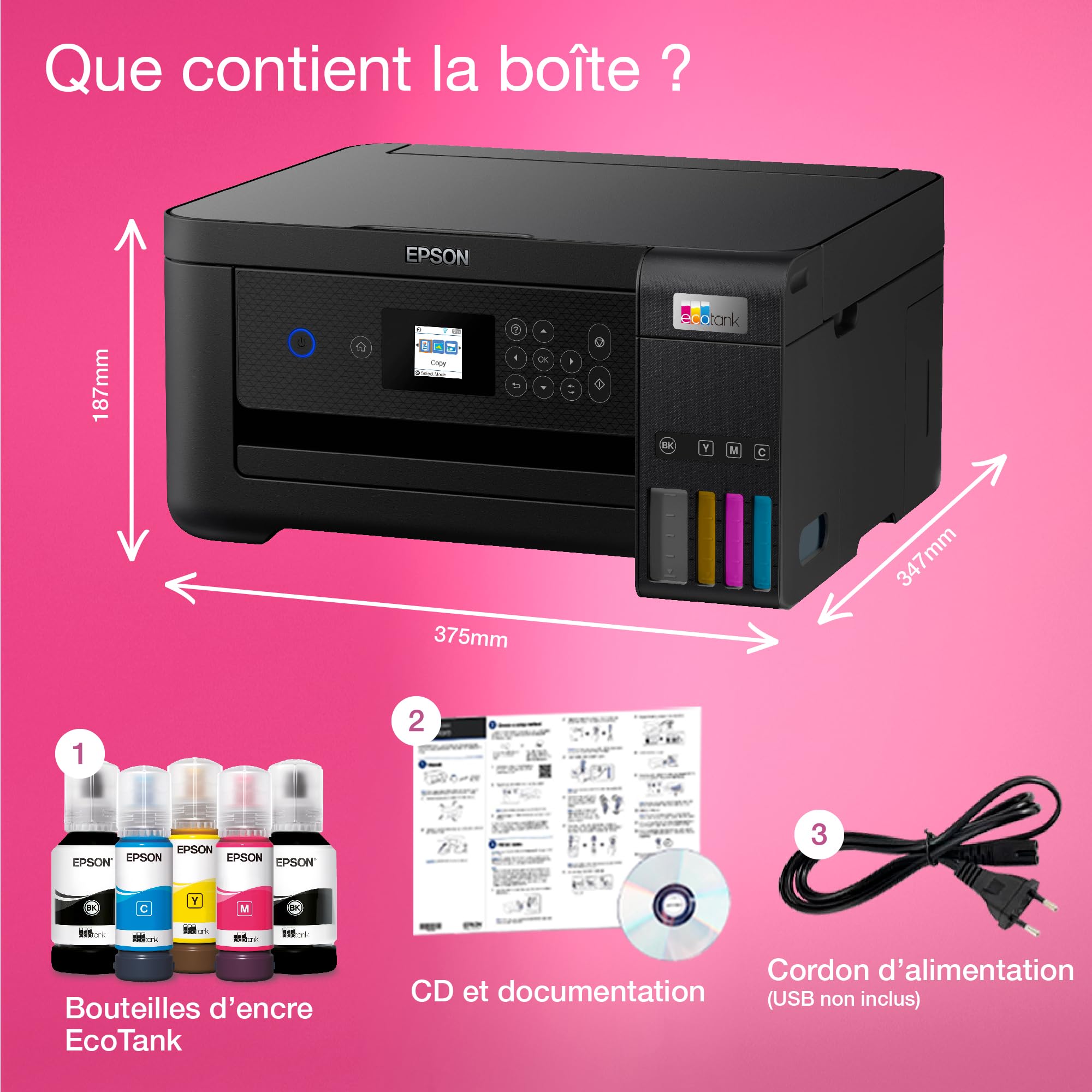 Epson Imprimante EcoTank ET-2851 avec réservoirs, Multifonction 3-en-1: Imprimante recto verso / Scanner / Copieur, A4, Jet d'encre couleur, Wifi Direct, Ecran, Faible coût par page, Compact