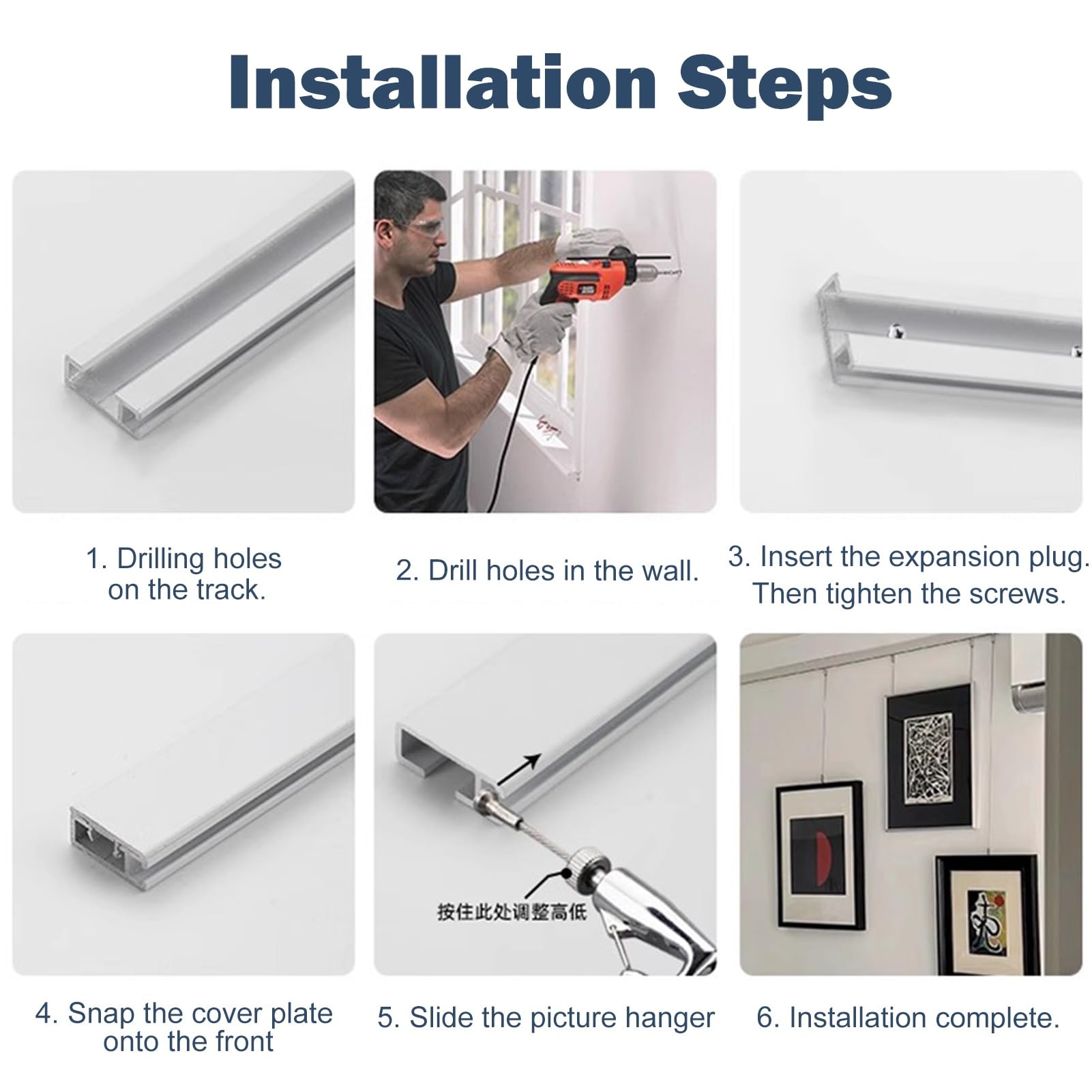 Cimaise pour Tableau Système de Fixation pour Cadres Photo Galerie, Kit D'accrochage pour Tableaux, Blanc pour Œuvres D'art De(2m/6.6' Cable,48"/122cm Track)