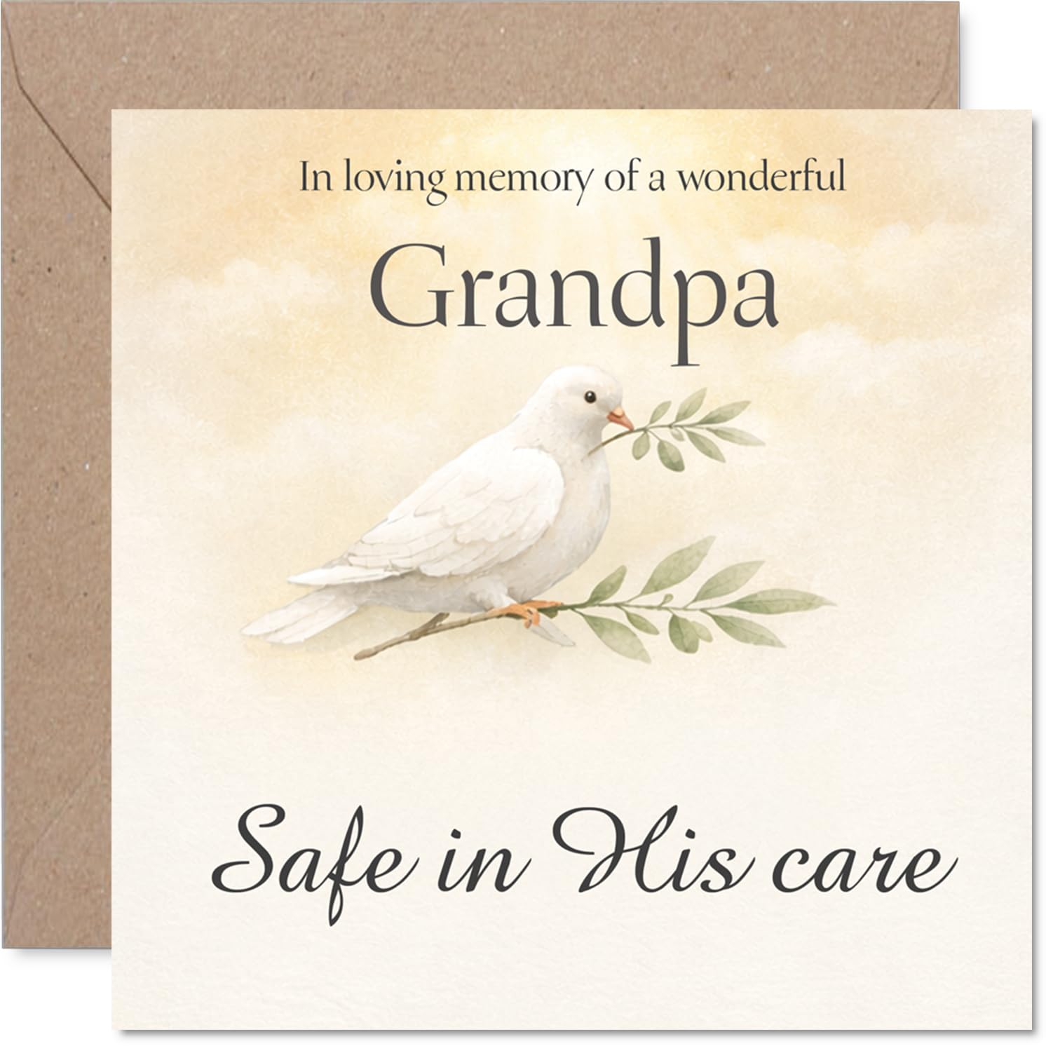 Comforting Sympathy Card - Loss of Grandpa - Gentle Dove and Olive Branch Illustration - Soft Nature Tones Bring Peace and Remembrance - 145mm Square, Envelope Included
