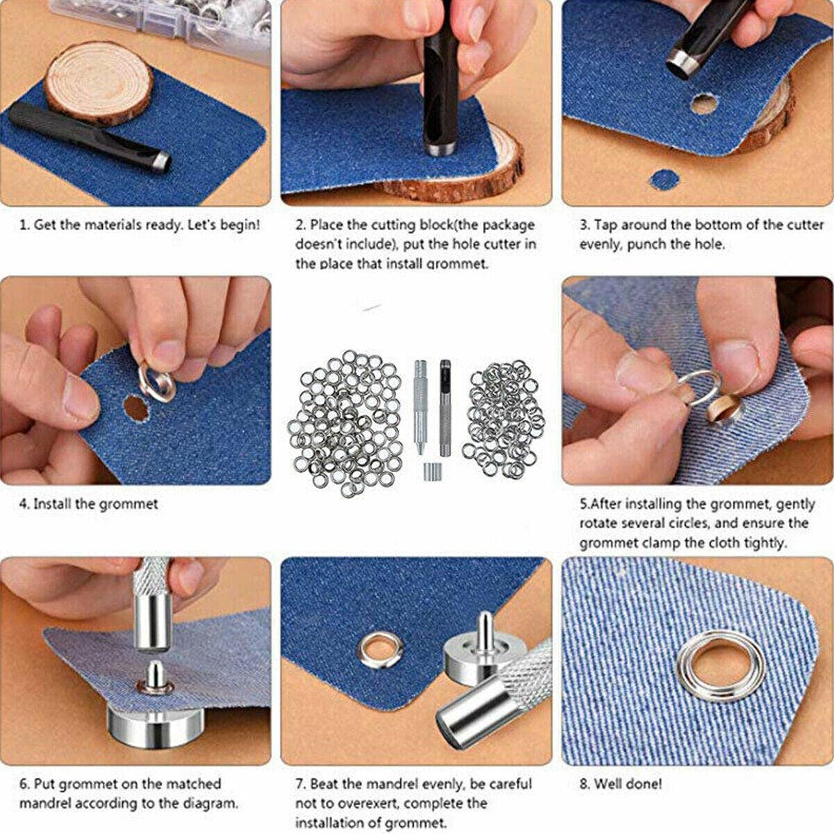 100 Set Ösenstanzer Werkzeugset Lederhandwerk Banner Kit Ösen Unterlegscheibe für DIY Kleidung Schuhe Gürteltasche Tülle - China, 10 mm Silber