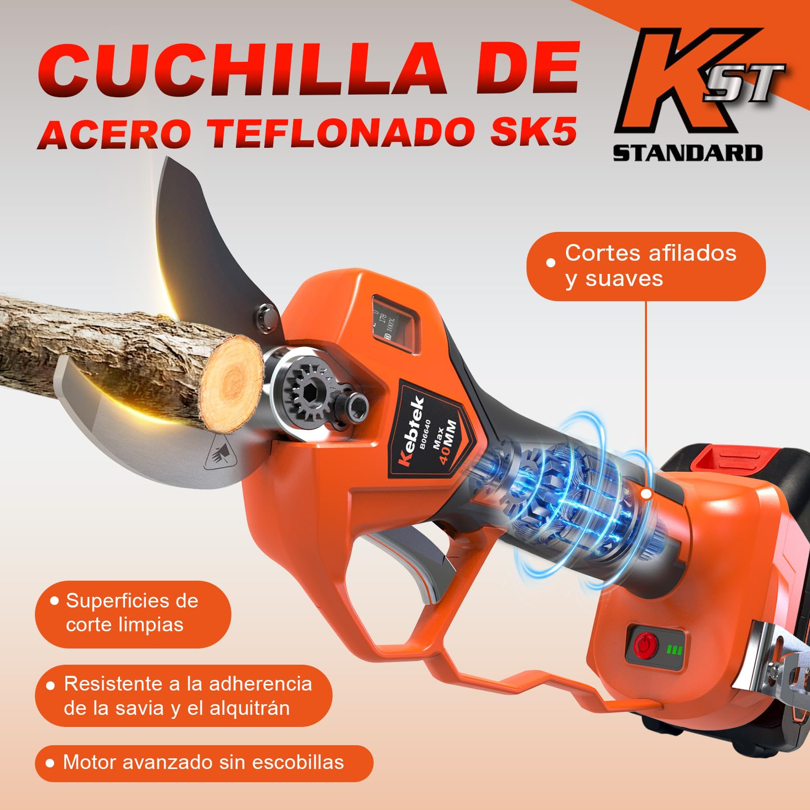 Kebtek Tijera Podar Electrica 40 mm Corte Podadora con Bateria Tijeras Electricas Profesional de 1,6'' para Jardinería y Trabajos Pesados | Tijera Podadora con Batería Corte Progresivo Compatibles con Batería Makita Clip para el Cinturón para Jardinería,