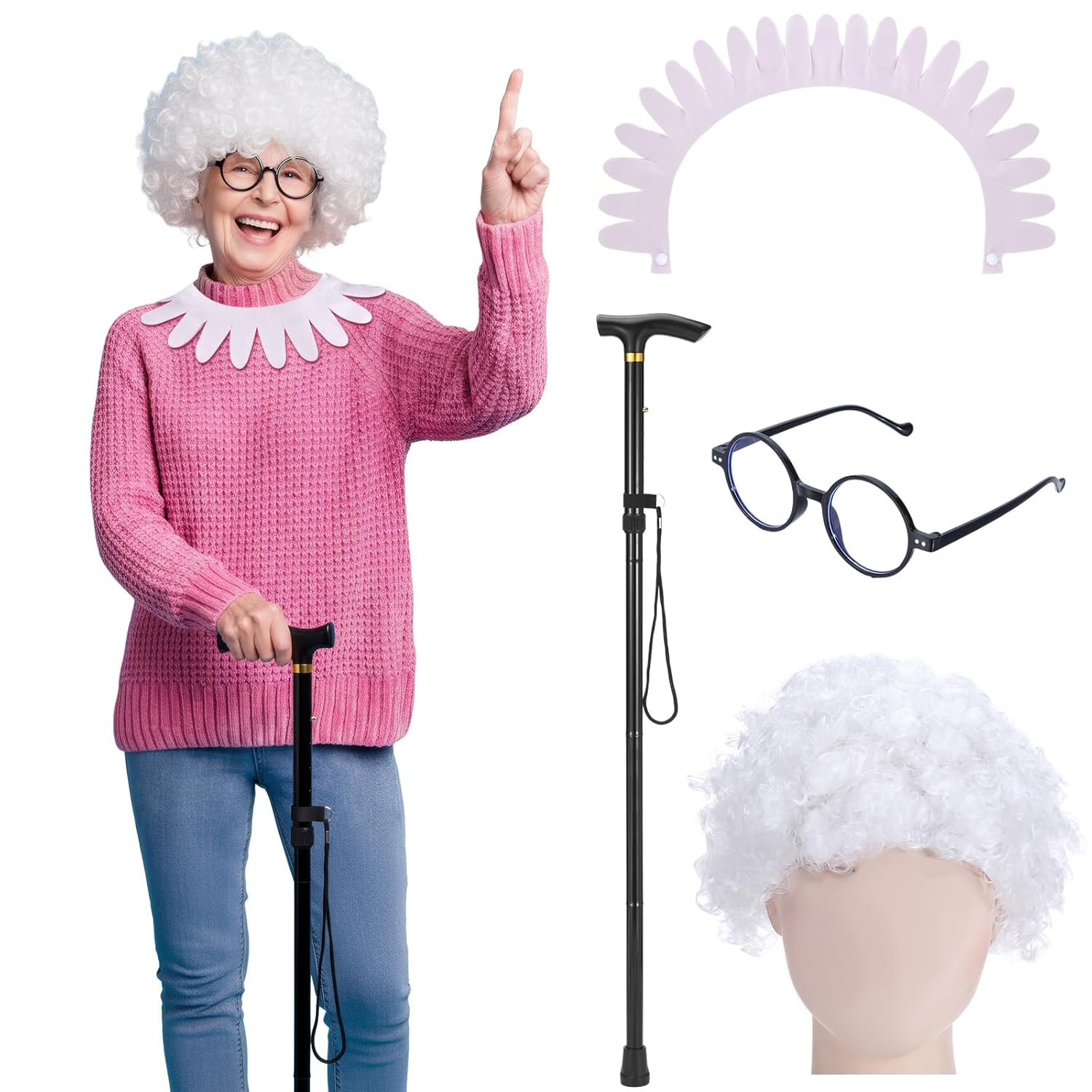 Tarpop 4 Pieces Old Lady Costume for Women, Grandma Costume for Women Granny Outfit Accessories for Halloween School Cosplay Party