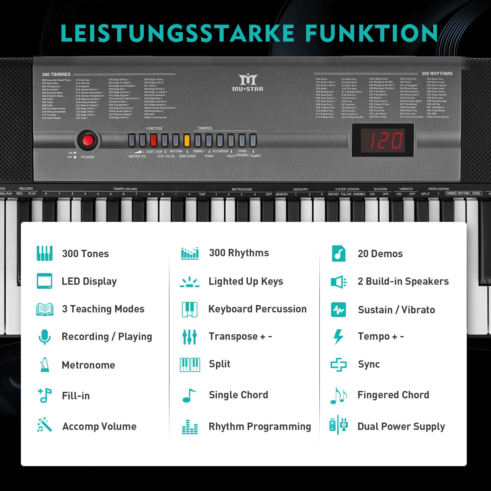 MUSTAR 61 Key Keyboard Piano für Anfänger, Digital Piano Keyboard mit Leuchttasten Lautsprechern, E Klavier Ständer, Hocker, Kopfhörern, Mikrofon, Notenablage, 300 Sounds & Simply Musiklektionen