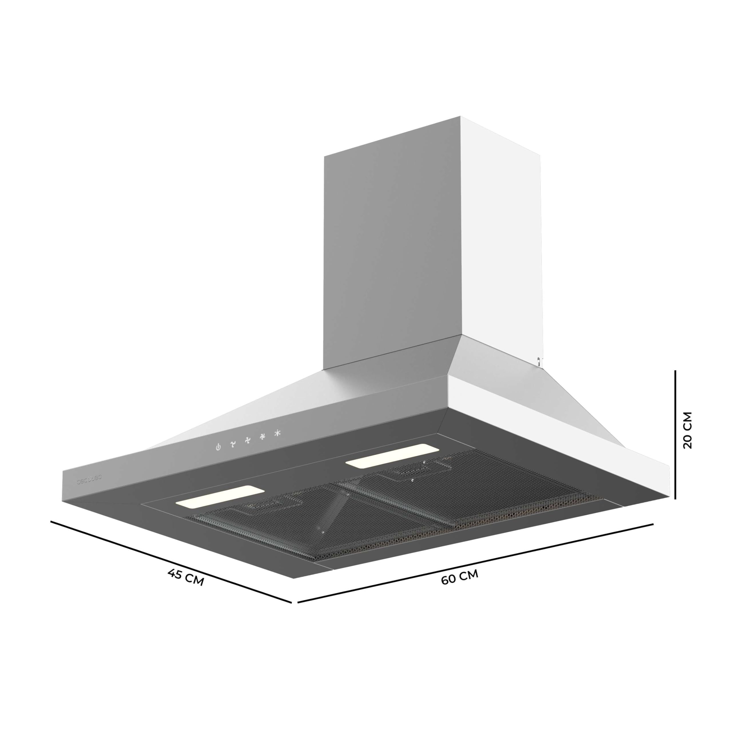 Cecotec Campana Extractora 60cm Piramidal Bolero Flux PT 604000 Inox A+++. Succión 427,6m3/h, 3 Velocidades, SS Touch Control, Acabado Inoxidable, Bajo Consumo, Motor DC, Luz LED, Filtros Incluidos
