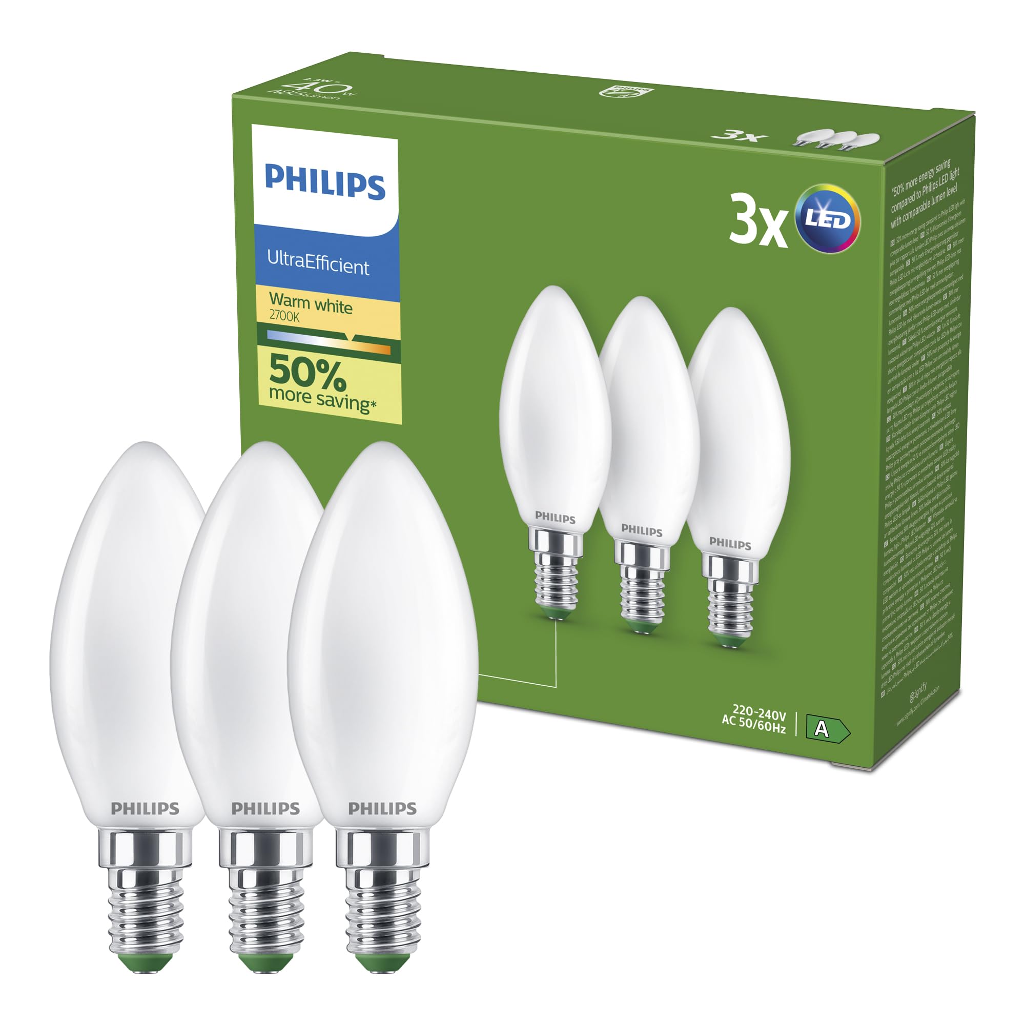 Philips UltraEfficient LED Light Bulb, 3 Pack, B35, E14, 485 Lumens, 40W, Energy Saving, EyeComfort, Long Lifetime, Warm White Light 2700K, Classic Design, Frosted