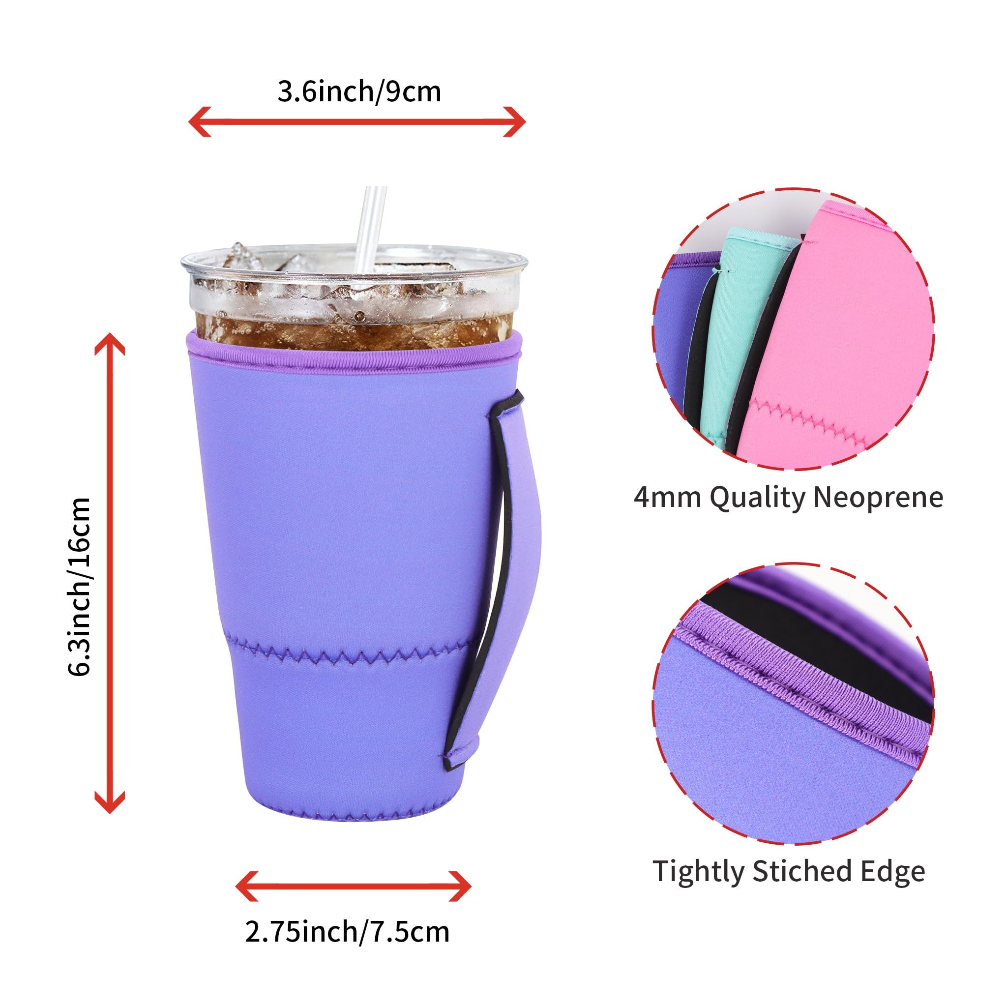 4Pack Reusable Iced Coffee Sleeve Insulator Sleeves for Cold Drinks Beverages, Neoprene Cup Holder for Most Coffee, Fits 30-32oz Large Cups (Solid Color with Handle)