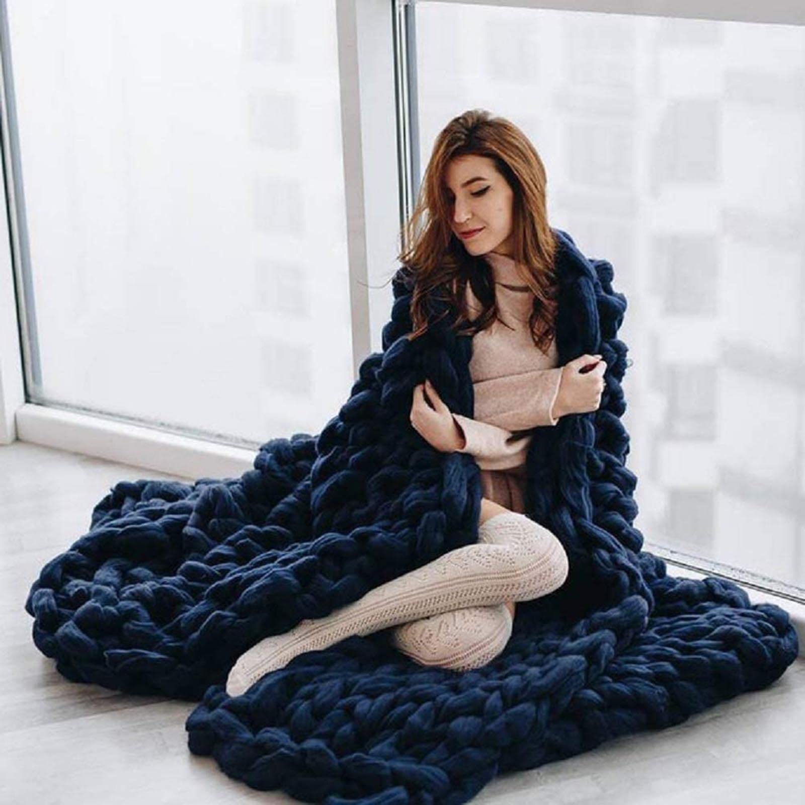 Coperta A Maglia Grossa Morbida Lana Merino Boho Fatta A Mano A Maglia Filato Gigante per Camera da Letto Divano da Letto Sedia Tappetino da Yoga Tappeto,Blu,100x200cm