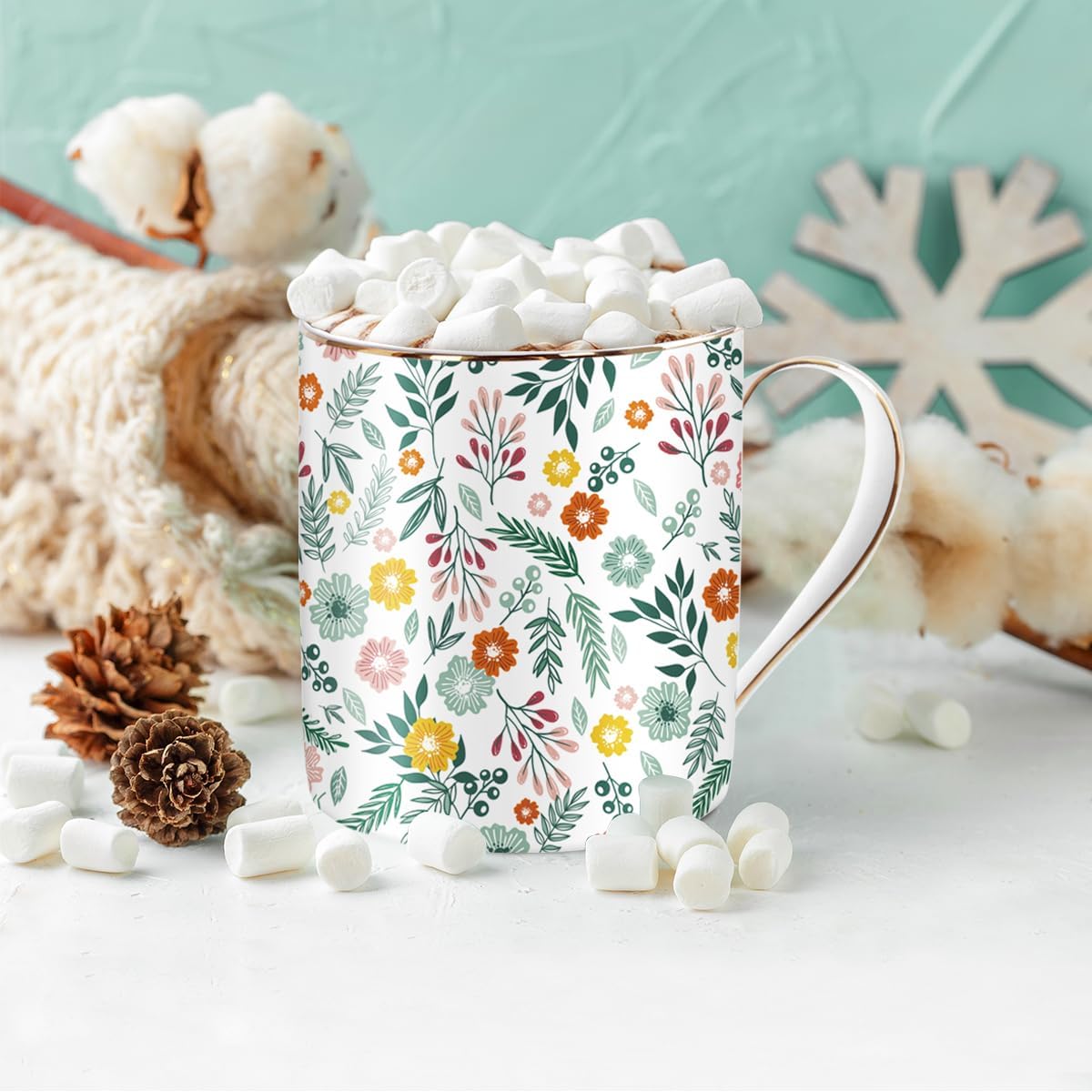 WAVEYU Ceramic Mug for Women, Cute Coffee Water Mug Cup for Holiday, Floral Design with Handle for Home Office, Decorative Coffee Tea Cup for Women Men, 14 oz, Green Flower - Image 4