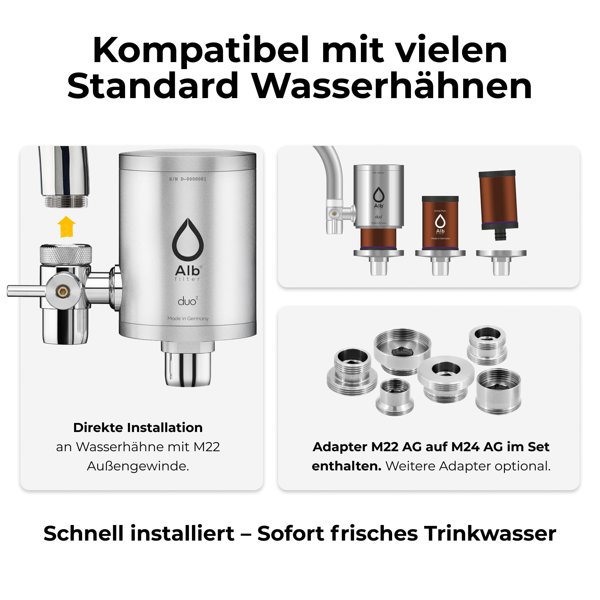 Alb Filter Duo Active Plus+ Trinkwasserfilter Edelstahl Natur – Wasserfilter Wasserhahn für sauberes Trinkwasser – Filtration von Schadstoffen, Bakterien & Kalk – Wasserfiltersystem Made in Germany