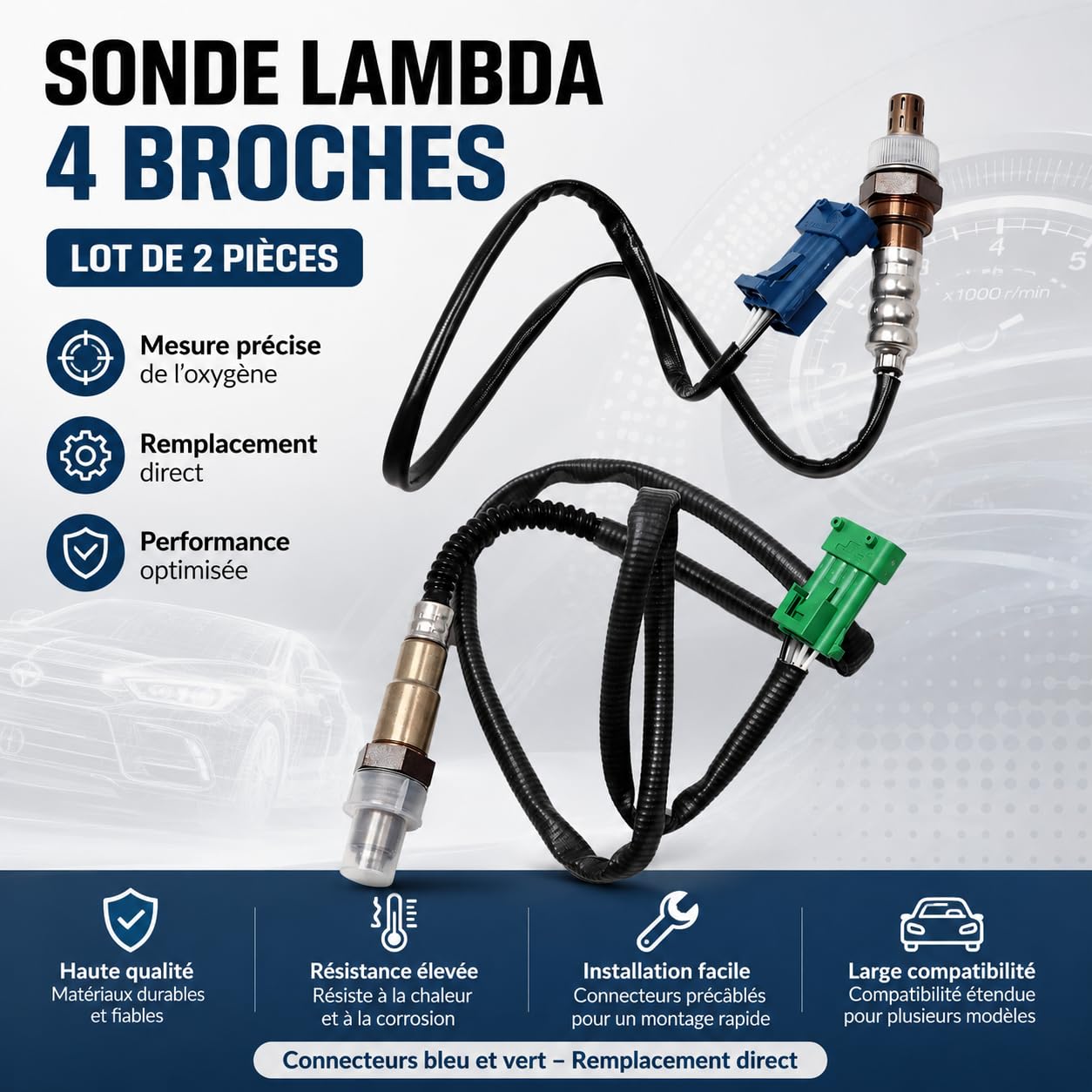 Lot de 2 Sondes Lambda 4 Broches 96359782 1628HN Compatible avec Citroën Berlingo C2 C3 C4 C6 DS3 Saxo Xsara Compatible avec Peugeot 1007 206 207 208 3008 306 308 406 407 508 5008 Partner