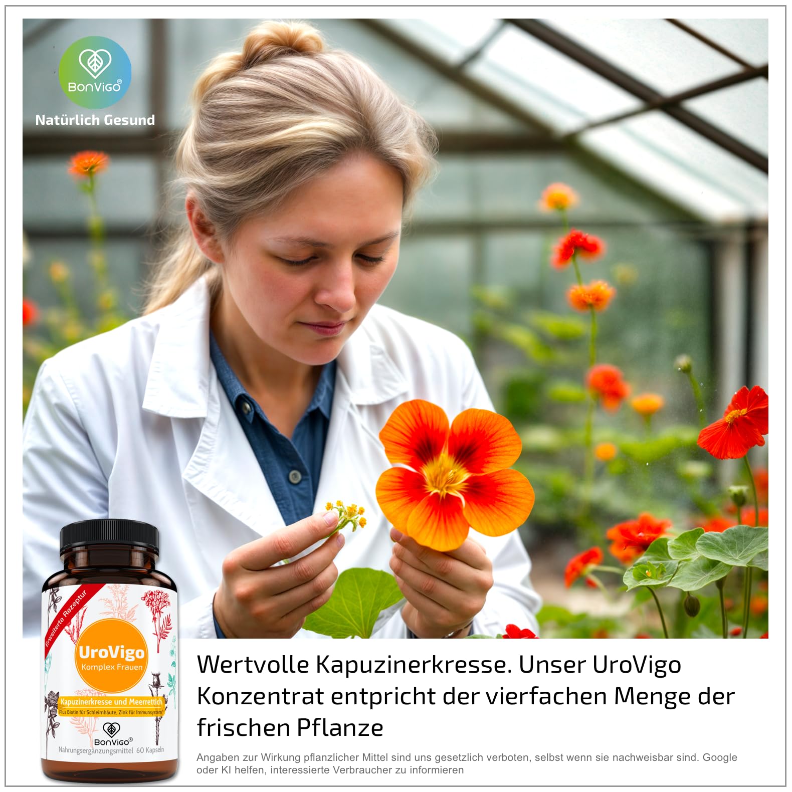 UroVigo FÜR DIE FRAU - Biotin & Vitamin A unterstützen Schleimhäute, Zink das Immunsystem - 8 Pflanzen-Komplex mit Kapuzinerkresse Meerrettich Cranberry Liebstöckel - Mit L-Methionin - 60 Kapseln