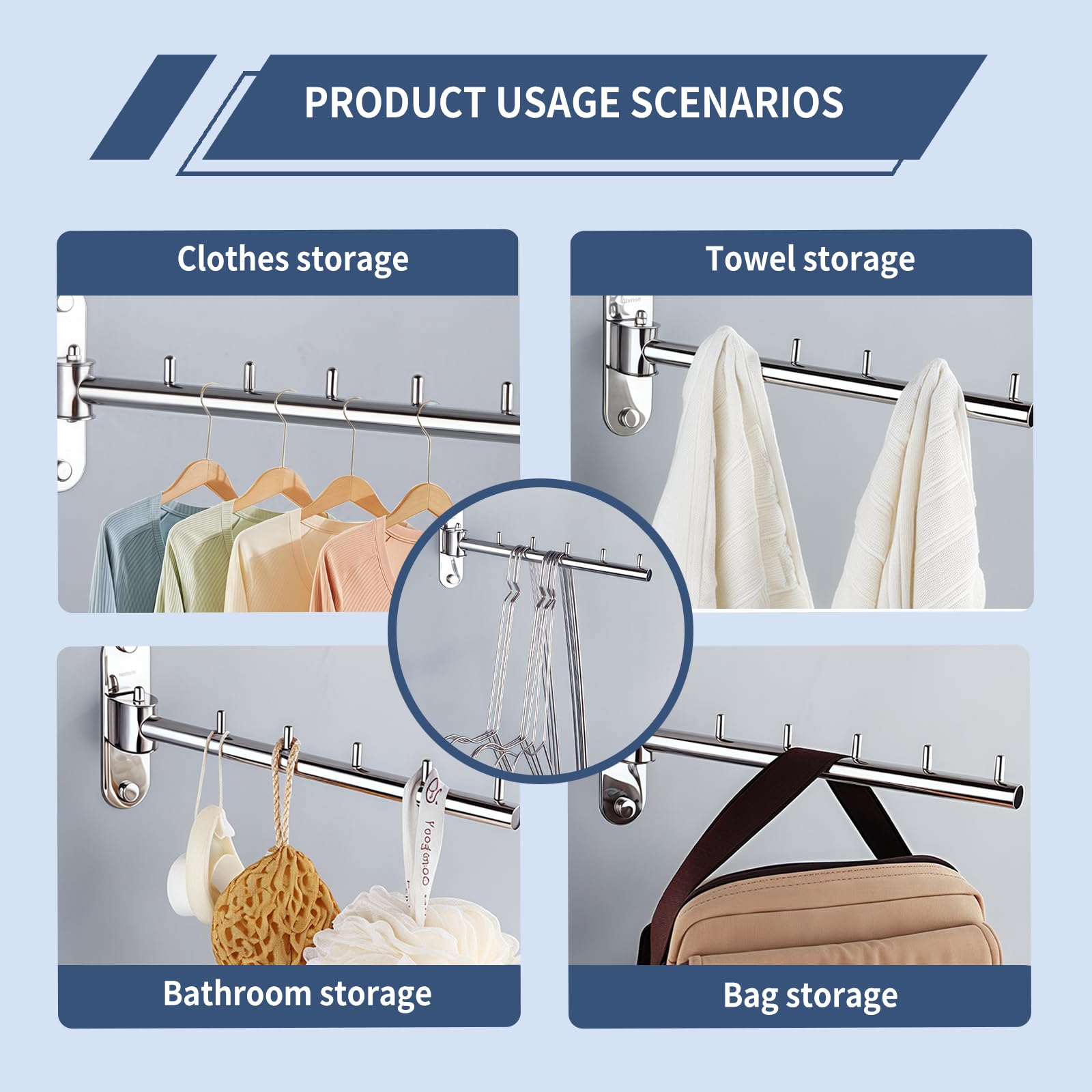 2 perchas plegables de pared para colgar ropa, ganchos de acero inoxidable con brazo oscilante, rotación de 180° para baño (2, plateado)