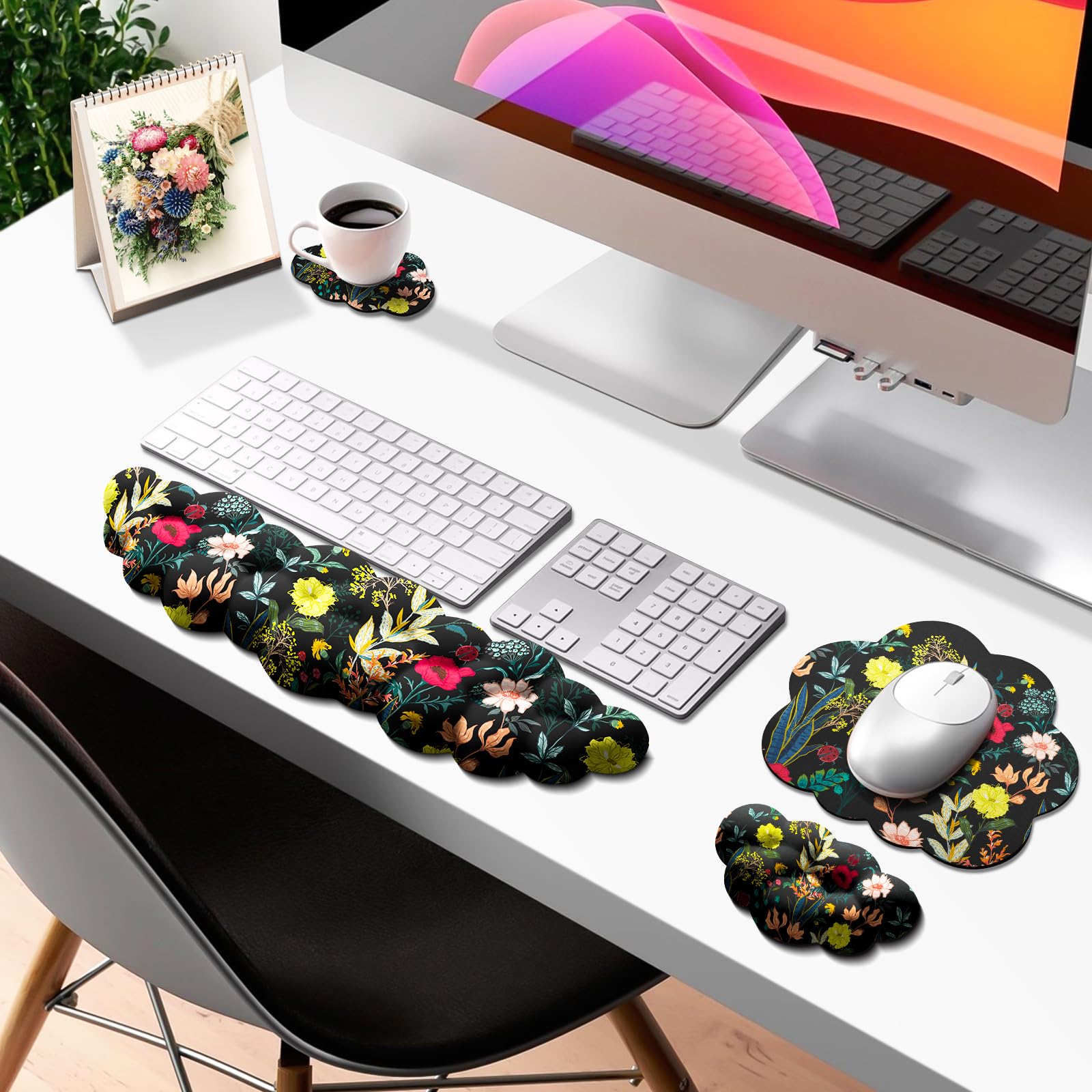 JIKIOU Ensemble de repose-poignet en tissu Lycra imperméable pour clavier avec motif de fleurs et nuage - Accoudoir mignon pour paume - Accessoires de bureau pour jeux sur PC, ordinateur de bureau