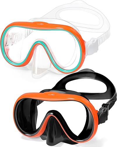 Miniatura 8 de Seago Paquete de 2 gafas de natación con cubierta de nariz para niños de 6 a 14 años, lentes templados de marco ancho Verde y azul espejado,Naranja