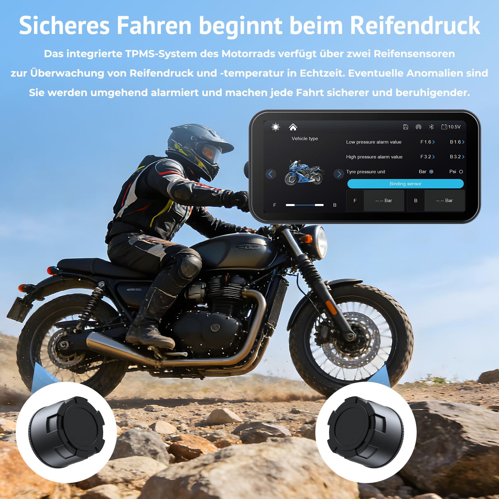 W622 Motorrad kabelloses CarPlay Display 6,25" Touchscreen,kompatibel mit Apple CarPlay & Android Auto,Navi, Sprachsteuerung,IP67 wasserdicht,TPMS,Dual Bluetooth,USB/Acc Stromversorgung