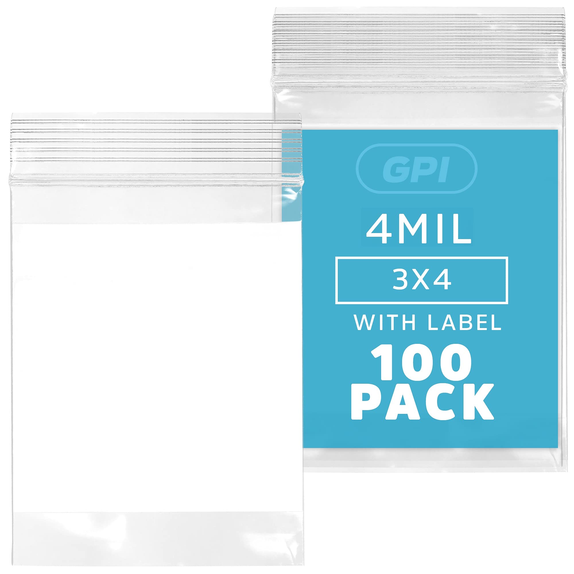GPI - 3" x 4" - Bulk Pack of 100, 4 Mil Thick, Heavy Duty, Clear Plastic Reclosable Zip Bags, With Write-on White Block for Labeling, Strong & Durable
