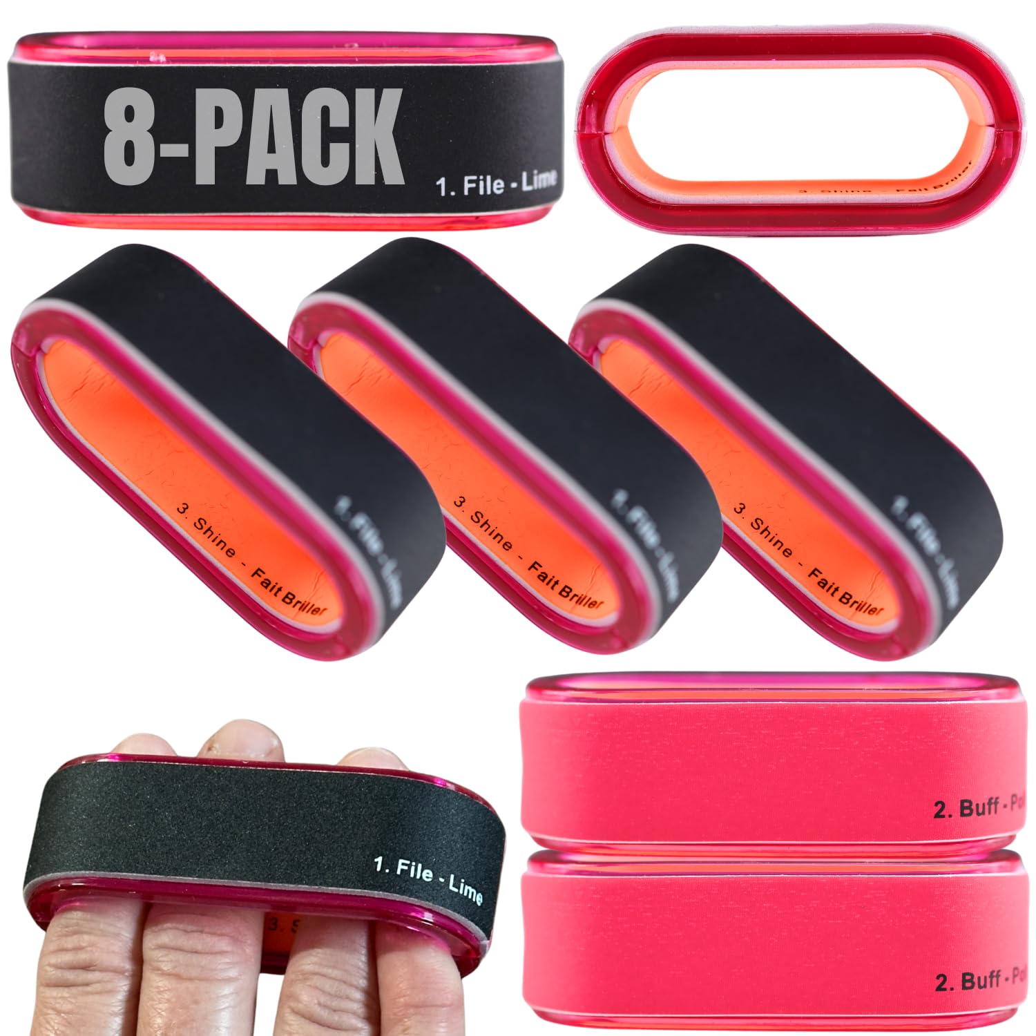 Iconikal 8-Pack Pink & Black 3-Way Nail Buffing Block Loops Rounded