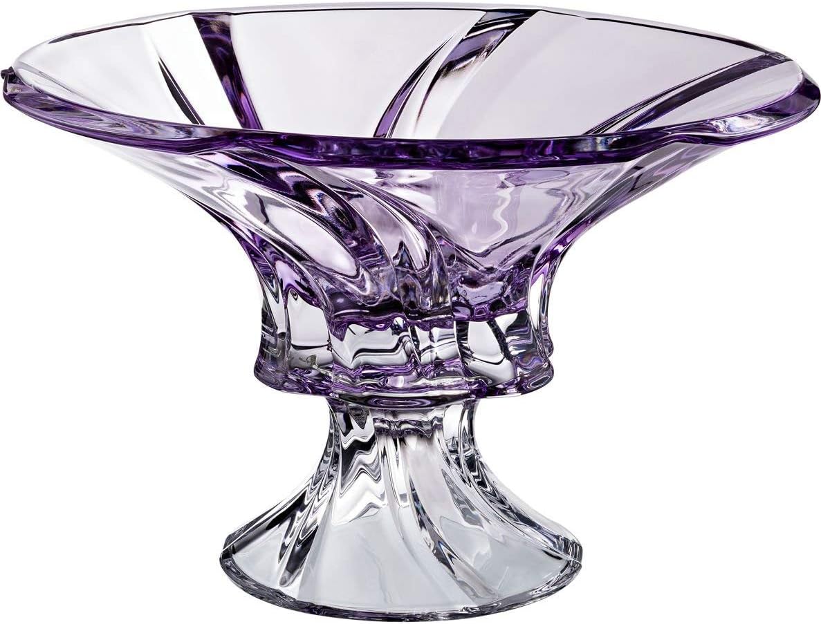 Czech Bohemian Crystal Glass Footed Bowl-Vase 12''-Dia Amethyst-Purple ''Oklahoma'' Vintage European Design Elegant Centerpiece Fruits Flowers Home Decor Birthday Wedding Anniversary
