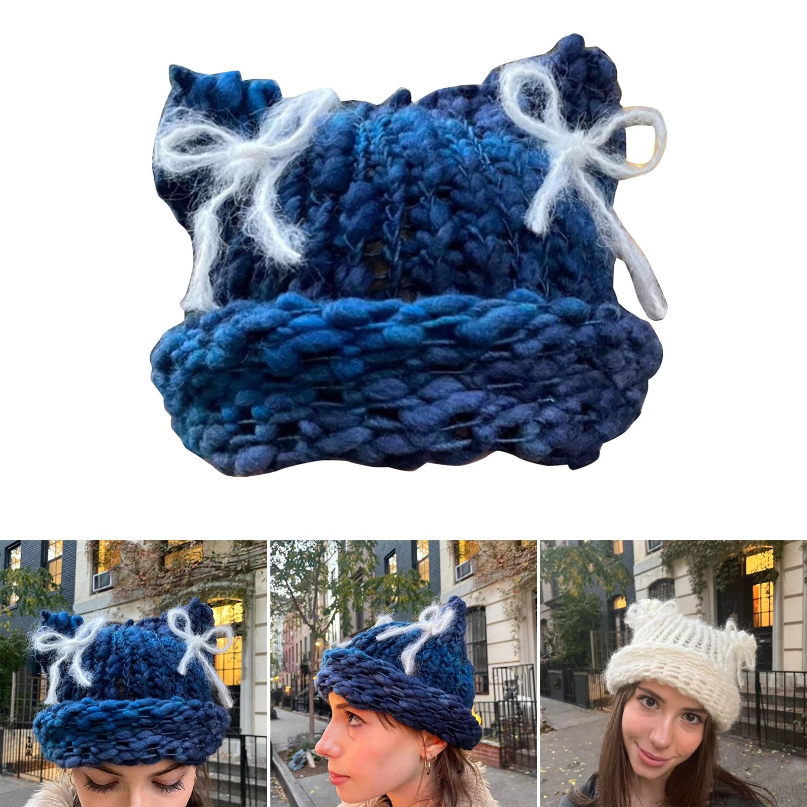 Cat Ear Hat with Bowknot Decor Winter Cycling Hiking Skiing Hat for Students Teenagers Dark Blue