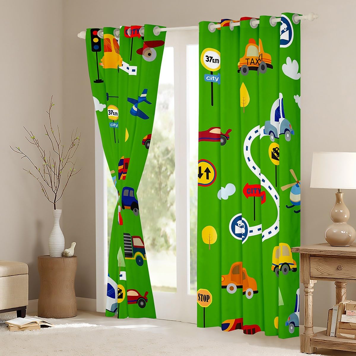 Loussiesd Excavator Kids Window Drapes Fire Truck Police Car Boys Curtains Helicopter Bus Ambulance Window Curtains for Bedroom Living Room Cartoon Vehicle Cars Window Treatments Green W46*L72 - Image 3