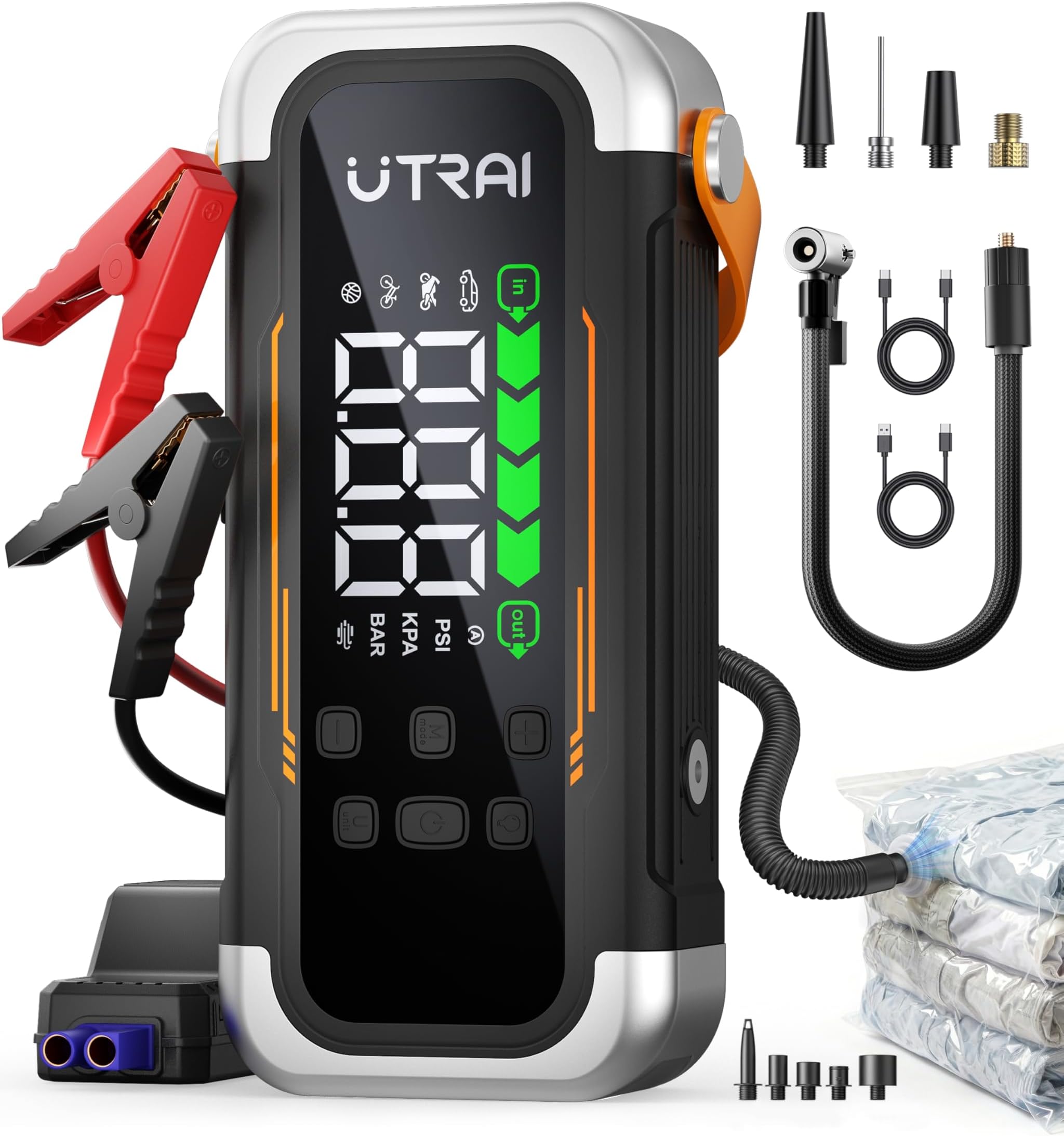 Car Jump Starter Power Pack with Air Compressor/Blower,Portable Battery Booster Pack,150 PSI Tyre Inflator,30W PD Fast Charging Power Bank,LED Emergency Light for 12V Petrol & 10L Diesel,UTRAI 6000A