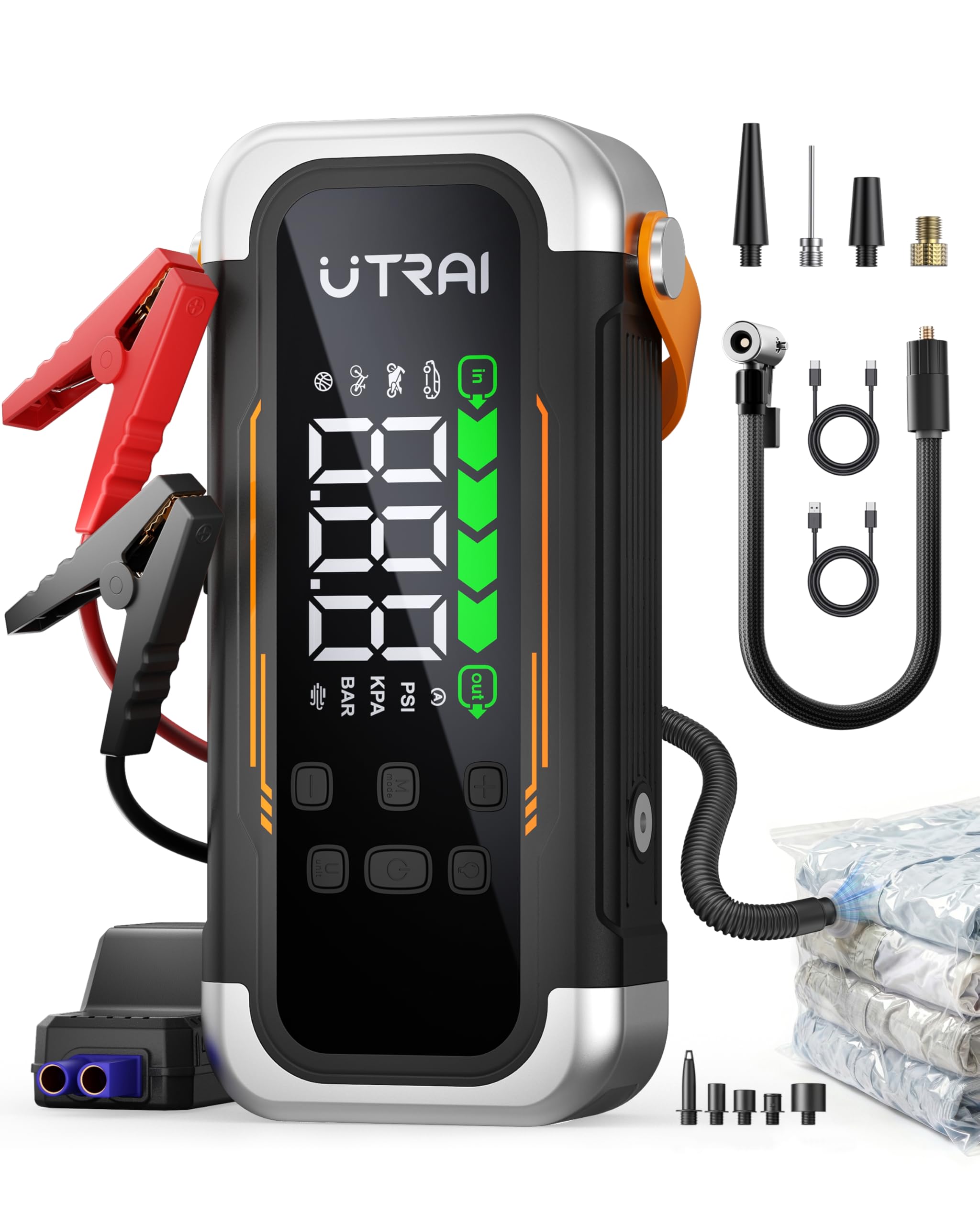 7000A Arrancador de Baterías de Coche con Compresor de Aire y Soplador,UTRAI 12V Arrancador de Coche Portatil con 30W PD,Luz de Emergencia,Pantalla LCD,800-Lumen LED (Todo Gas/12,0L Diésel)