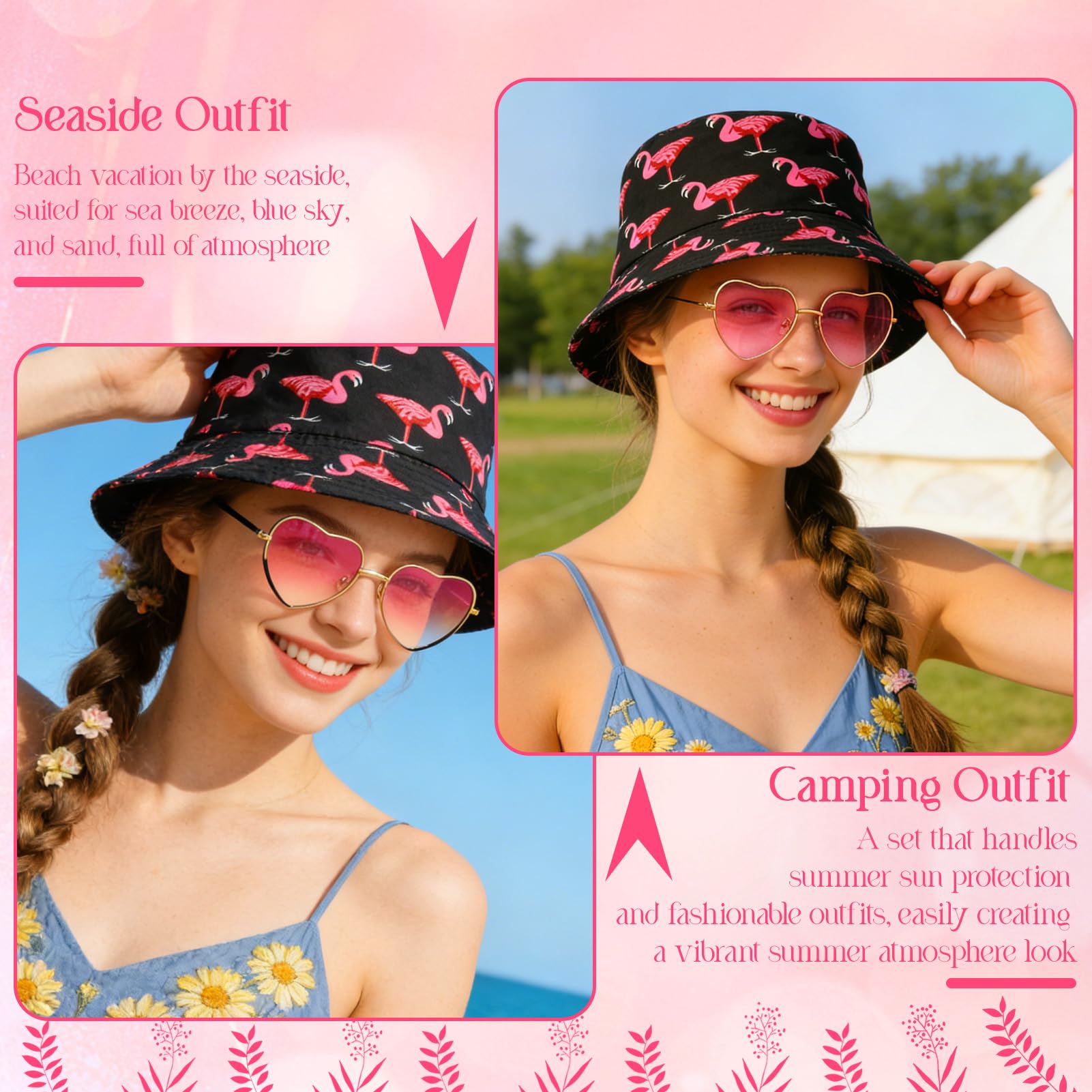 Sombrero de Pescador Flamenco, Sombrero del Pescador Mujer con Gafas de Sol Corazón, Sombreros para El Sol de Pesca, Protección UV Sombreros, Ropa y Accesorios De Moda