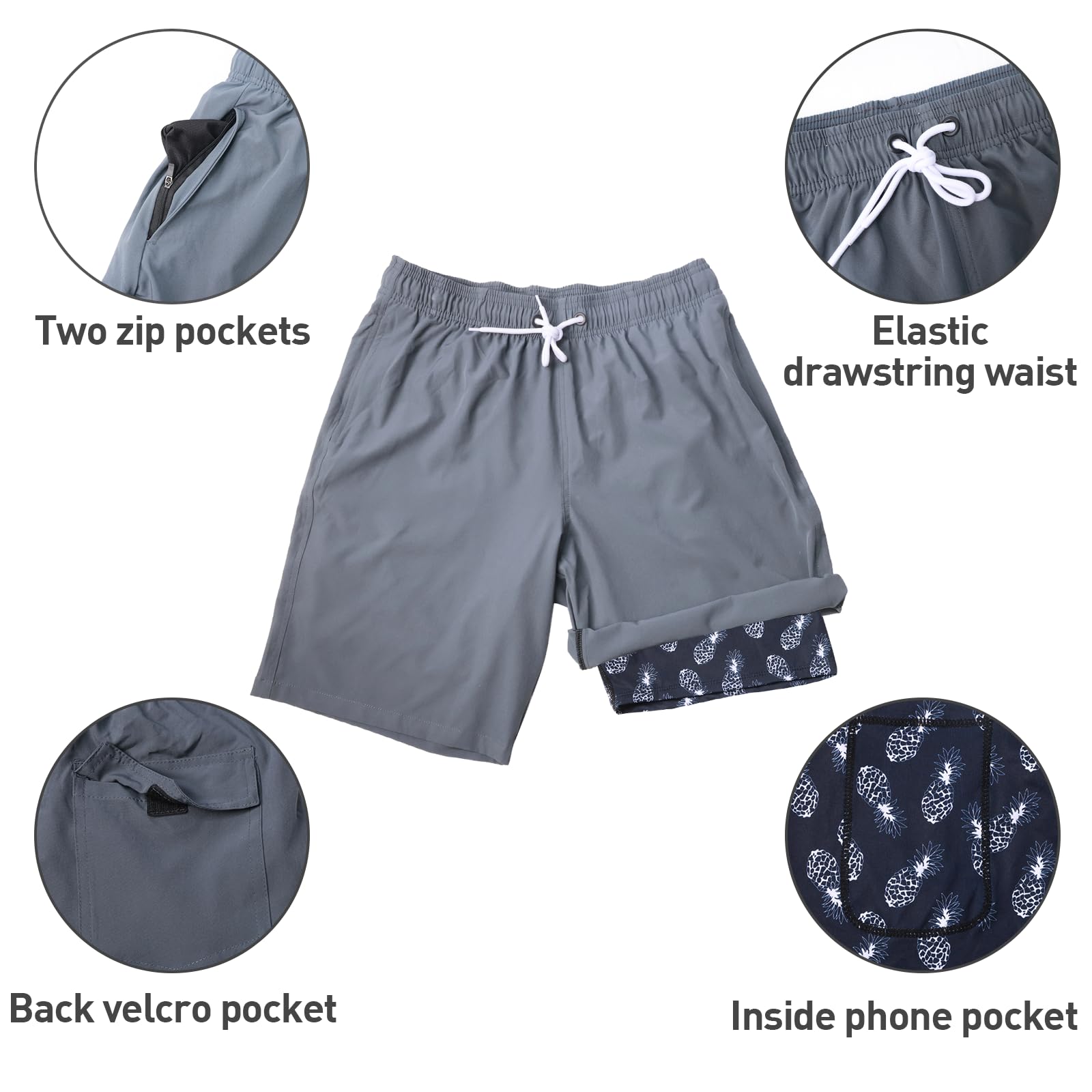 Arcweg Homme Short de Bain à séchage Rapide 2 en 1 Long Short de Bain avec Doublure de Compression Surf Short de Plage Extensible avec Poches à glissière S-XXL